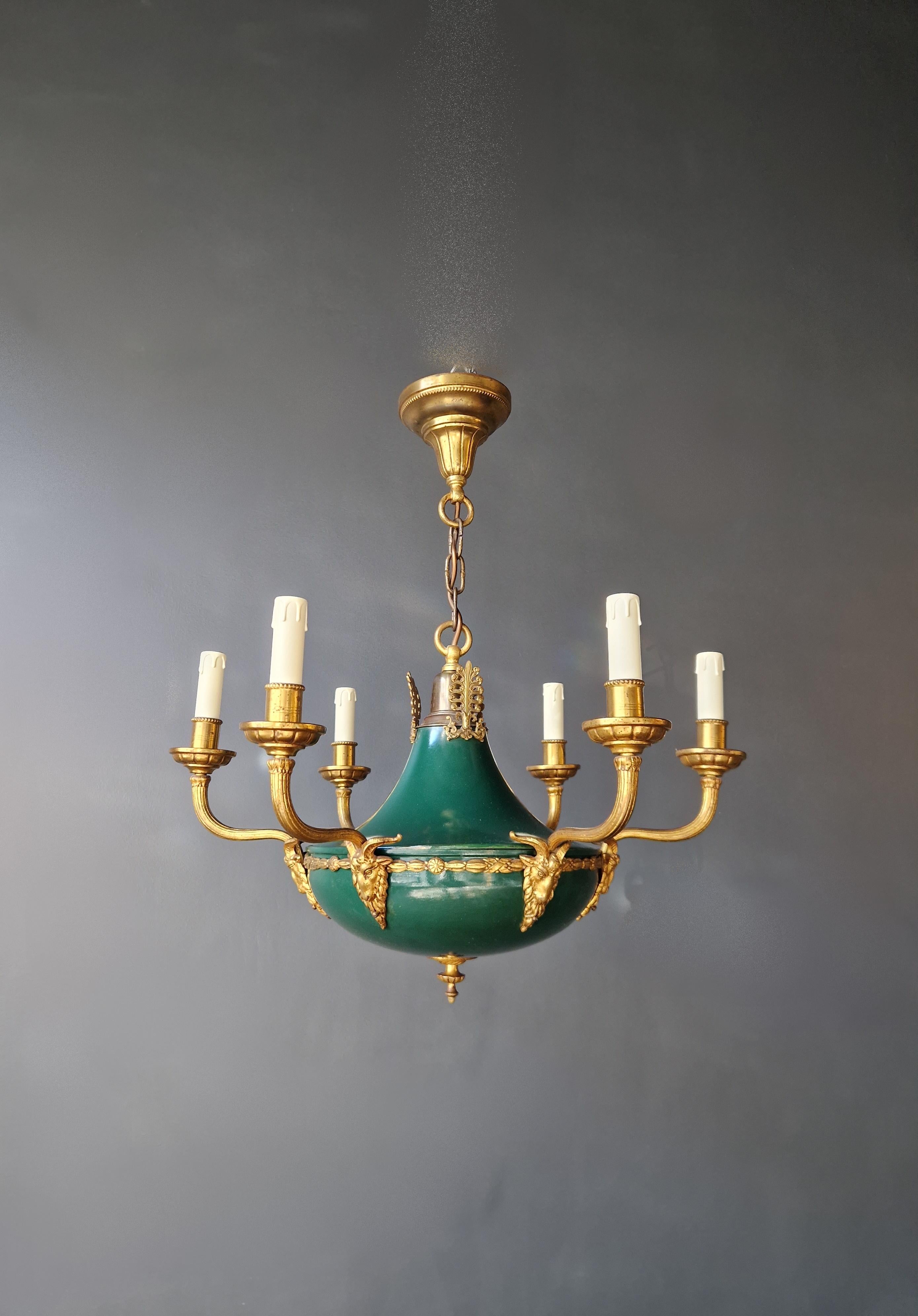 Art Nouveau Gilt Antique Empire Lustre Neoclassical Patina Green Brass Chandelier For Sale