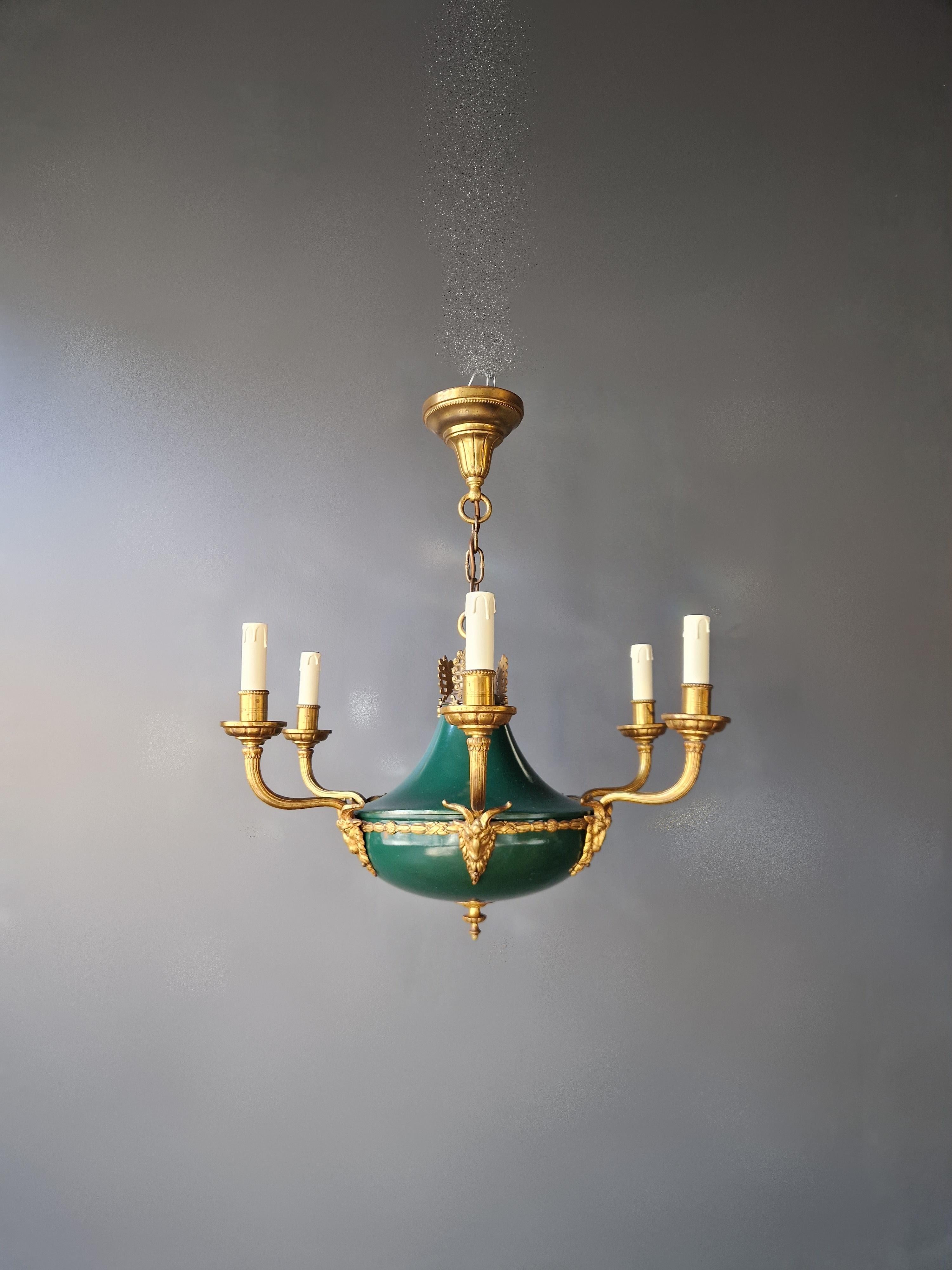 German Gilt Antique Empire Lustre Neoclassical Patina Green Brass Chandelier For Sale