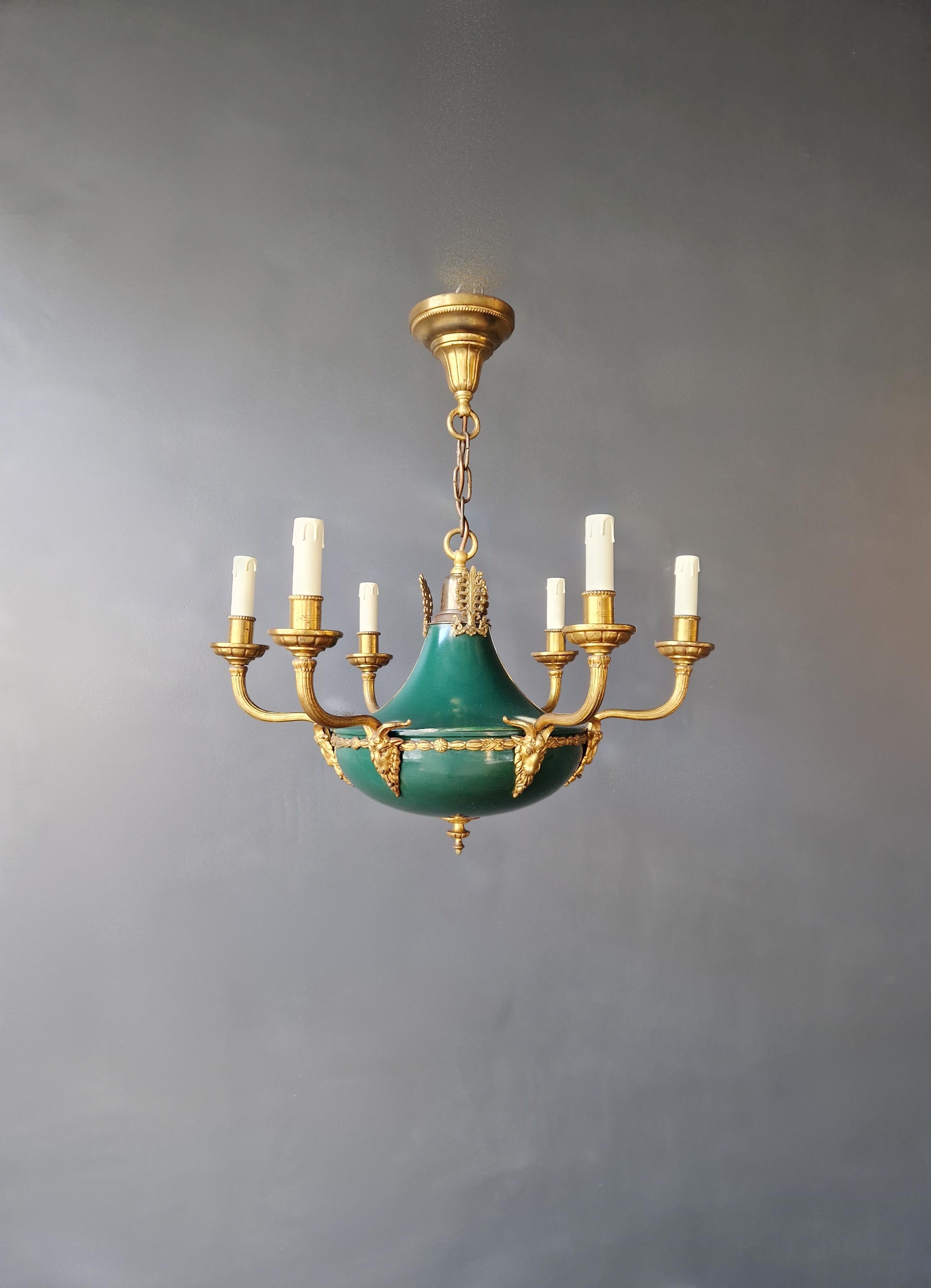 19th Century Gilt Antique Empire Lustre Neoclassical Patina Green Brass Chandelier For Sale