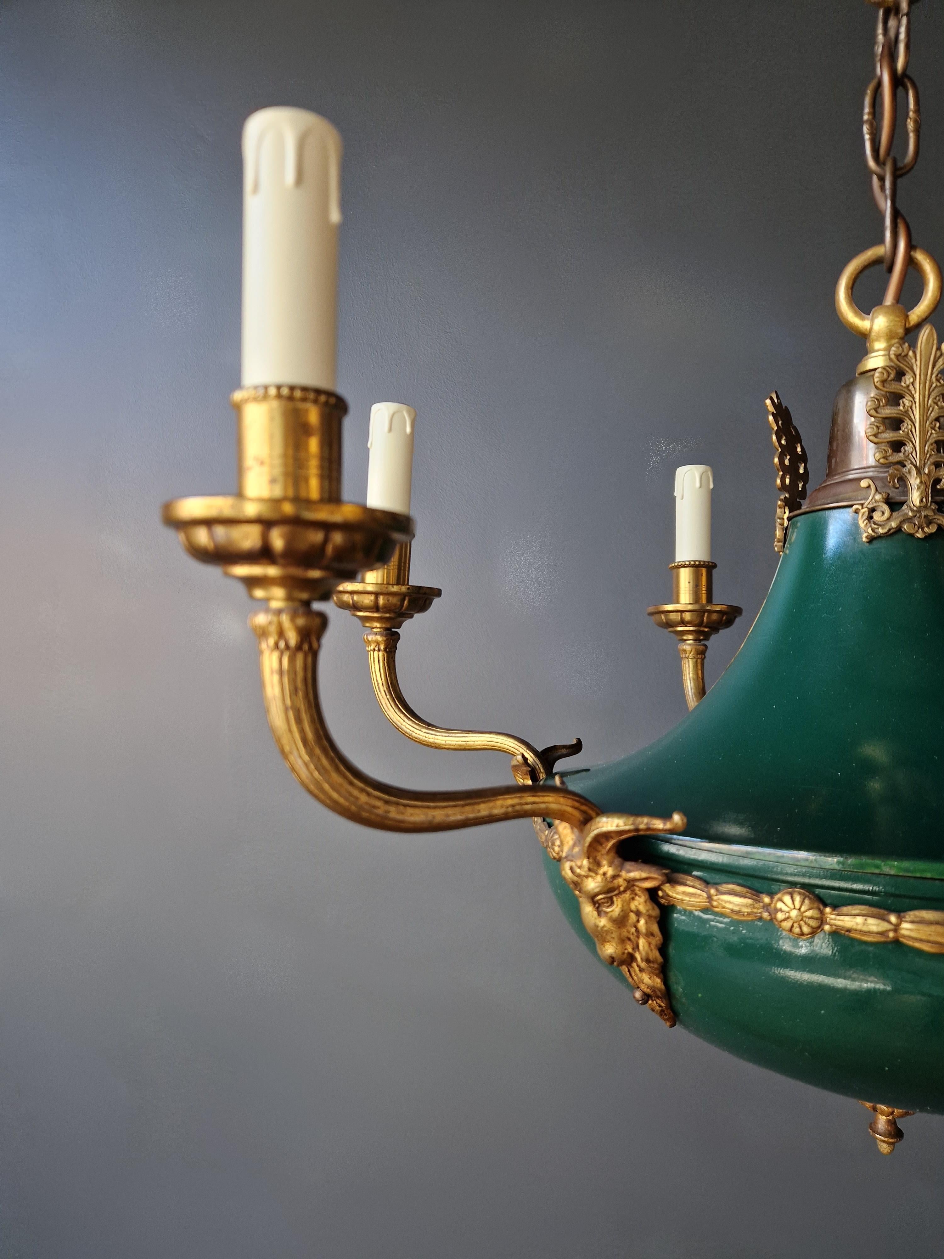 Gilt Antique Empire Lustre Neoclassical Patina Green Brass Chandelier For Sale 1