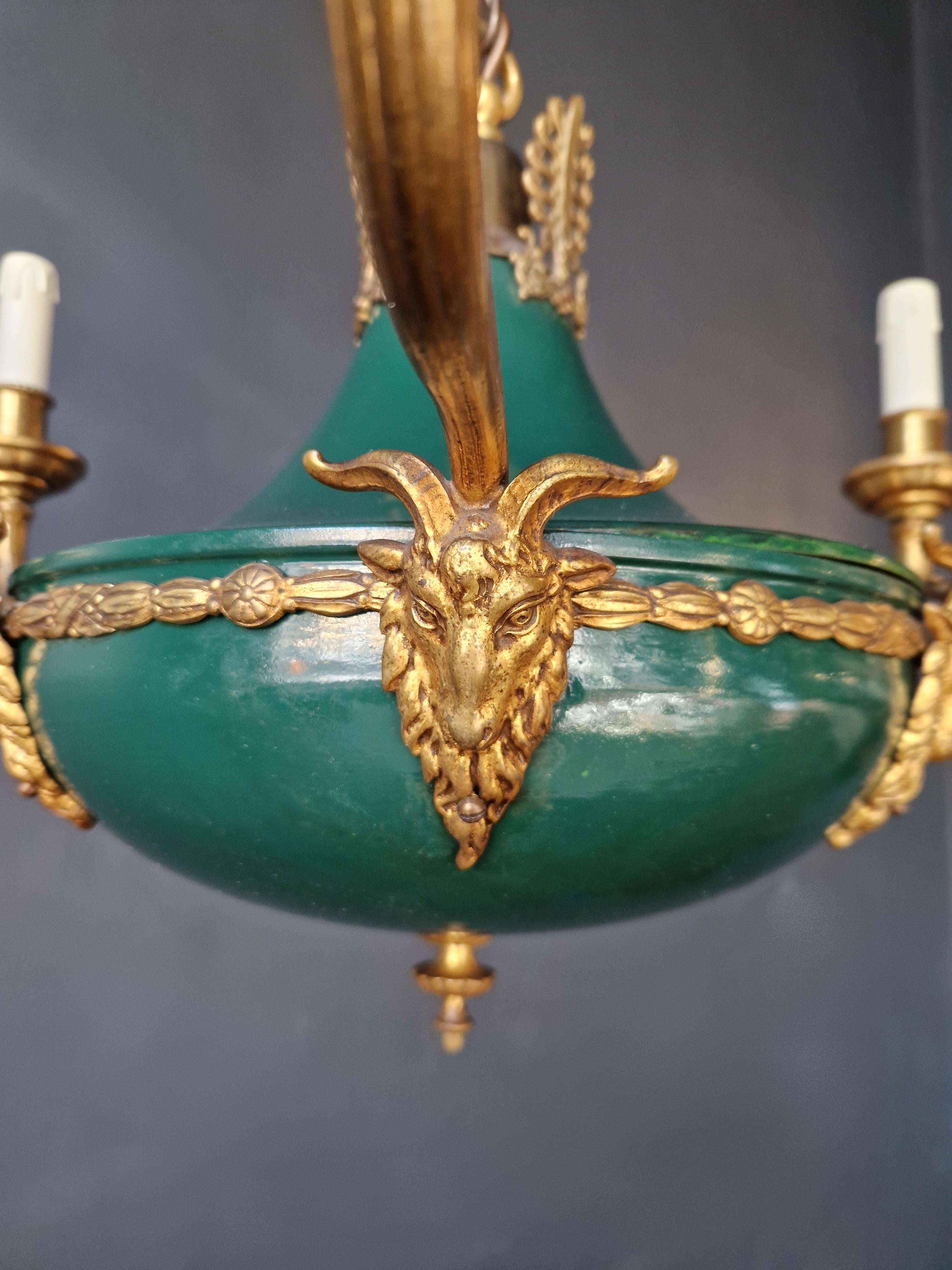 Gilt Antique Empire Lustre Neoclassical Patina Green Brass Chandelier For Sale 2