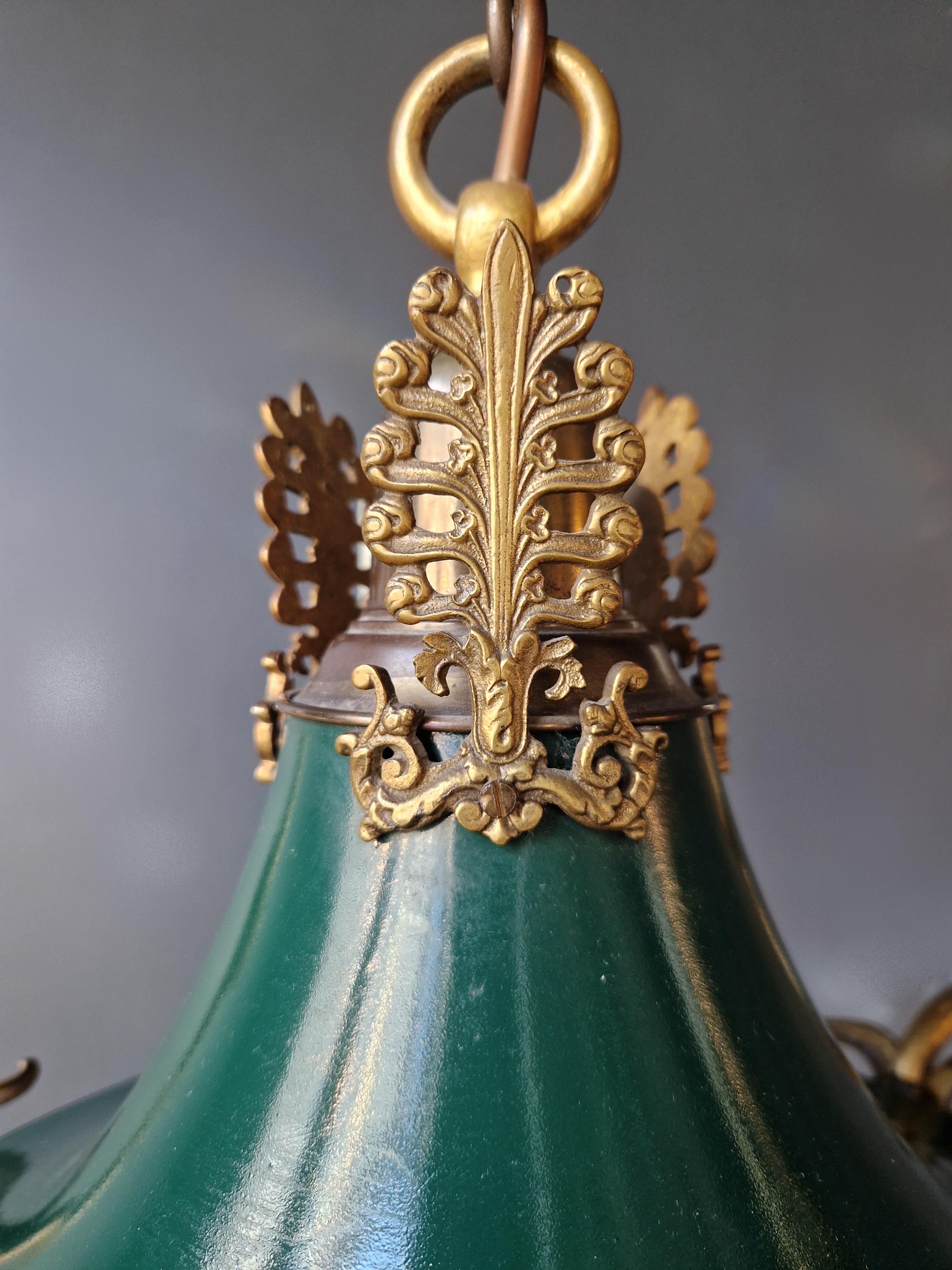 Gilt Antique Empire Lustre Neoclassical Patina Green Brass Chandelier For Sale 3