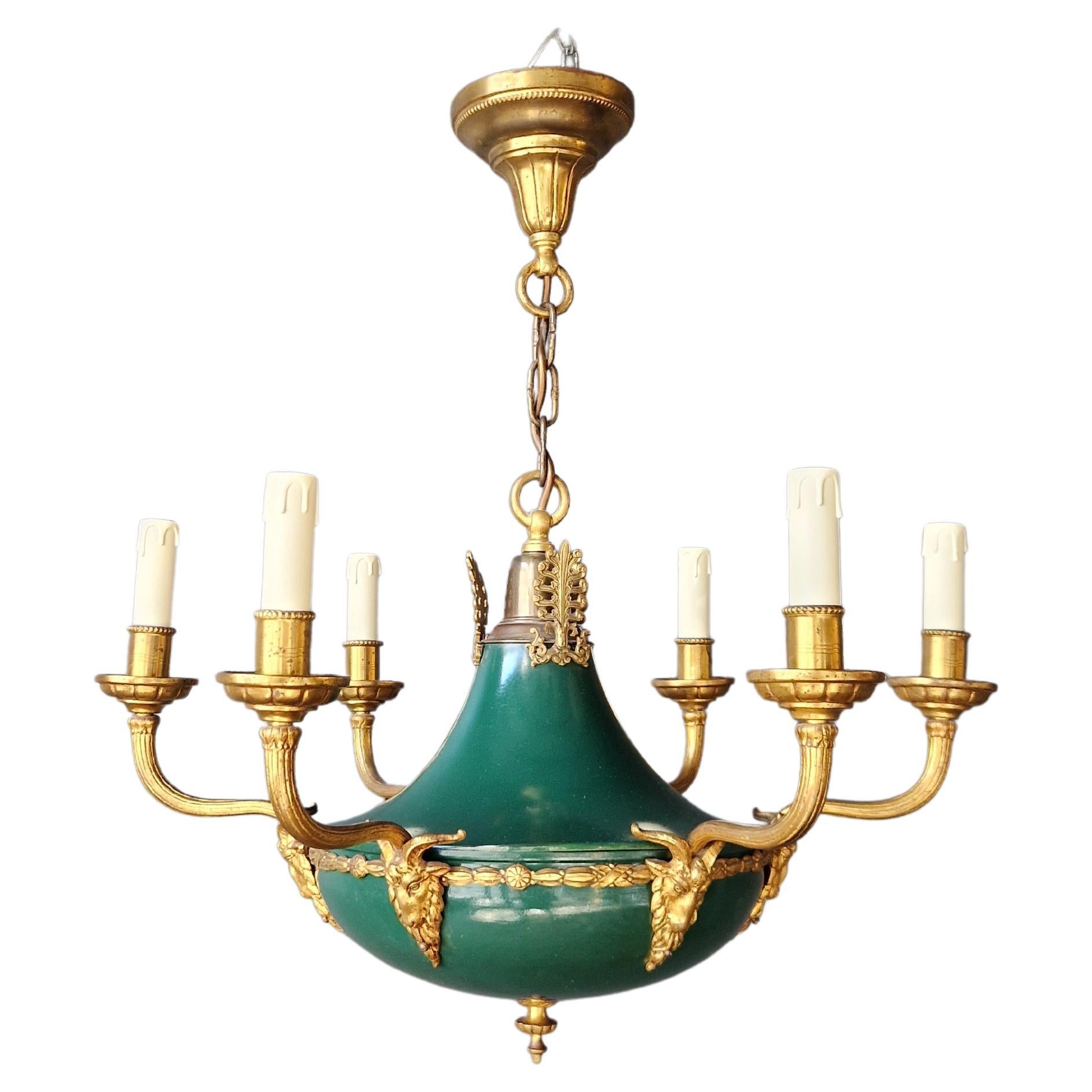 Gilt Antique Empire Lustre Neoclassical Patina Green Brass Chandelier For Sale