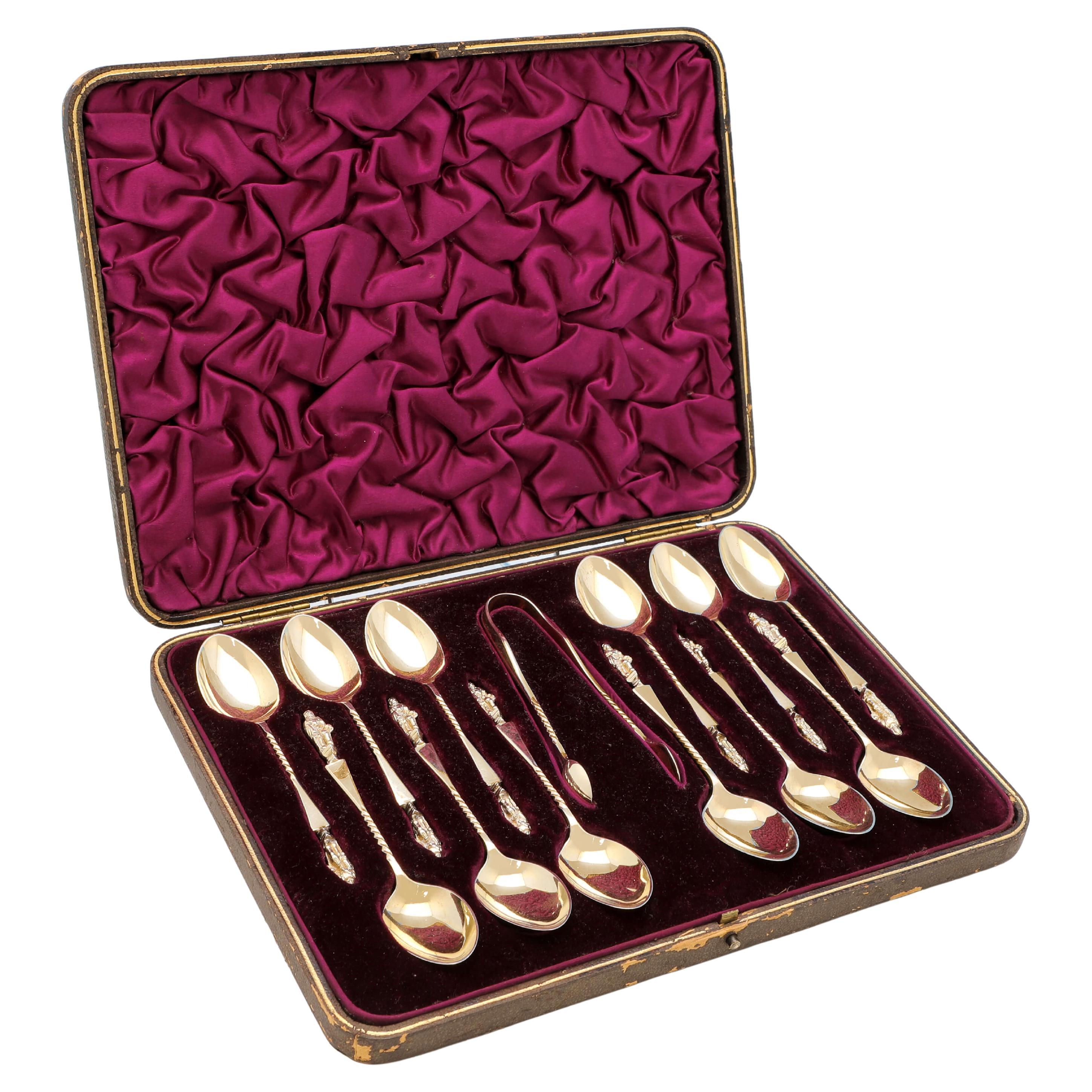 Gilt Antique Sterling Silver 'Apostle' Tea Spoons & Tongs, Sheffield, 1911 For Sale