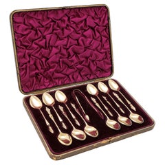 Gilt Antique Sterling Silver 'Apostle' Tea Spoons & Tongs, Sheffield, 1911