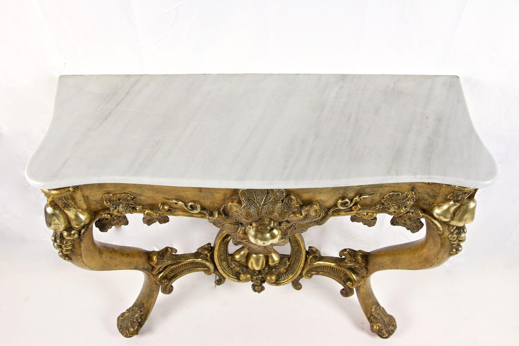 Gilt Baroque Wall Console Table Hand Carved with Carrara Marble Top, circa 1780 For Sale 7