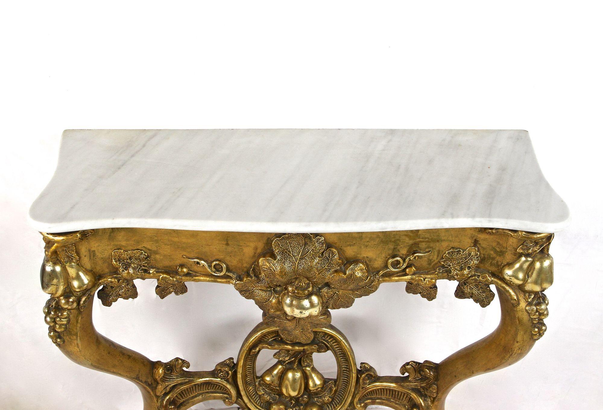 Austrian Gilt Baroque Wall Console Table Hand Carved with Carrara Marble Top, circa 1780 For Sale