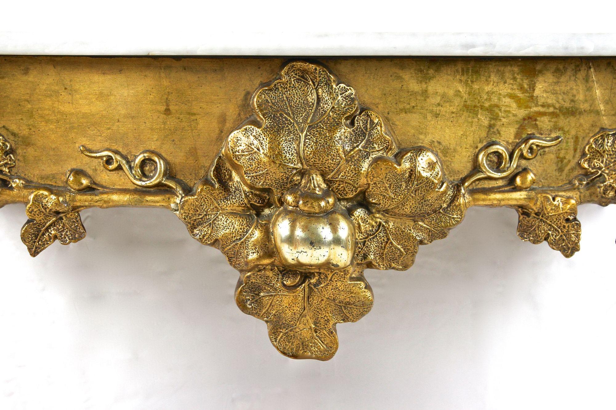 Hand-Carved Gilt Baroque Wall Console Table Hand Carved with Carrara Marble Top, circa 1780 For Sale