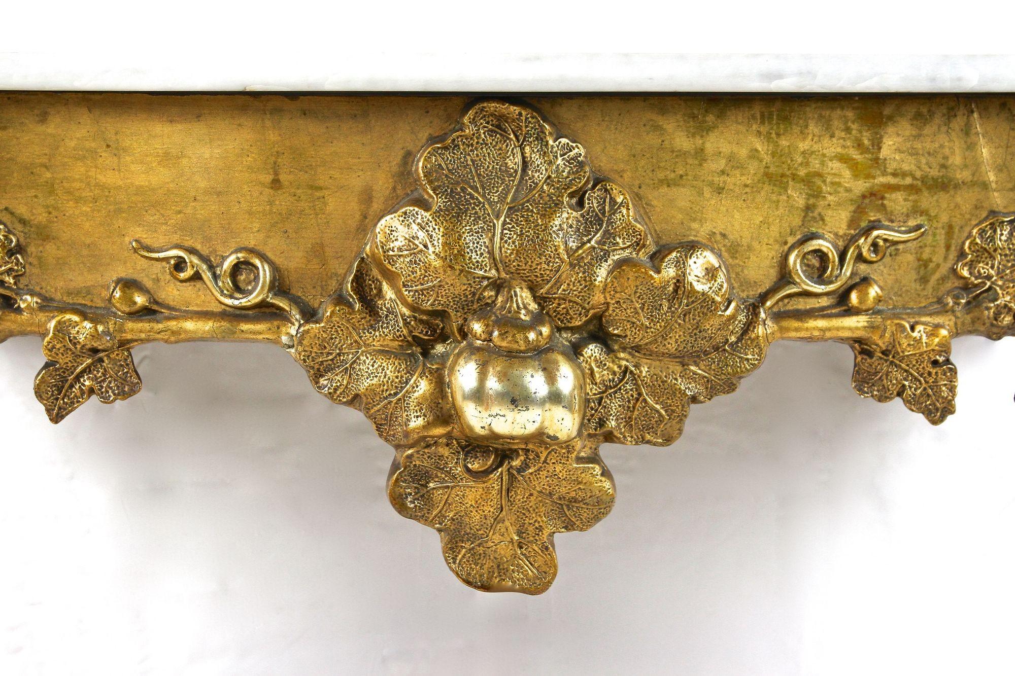 Hand-Carved Gilt Baroque Wall Console Table Hand Carved with Carrara Marble Top, circa 1780