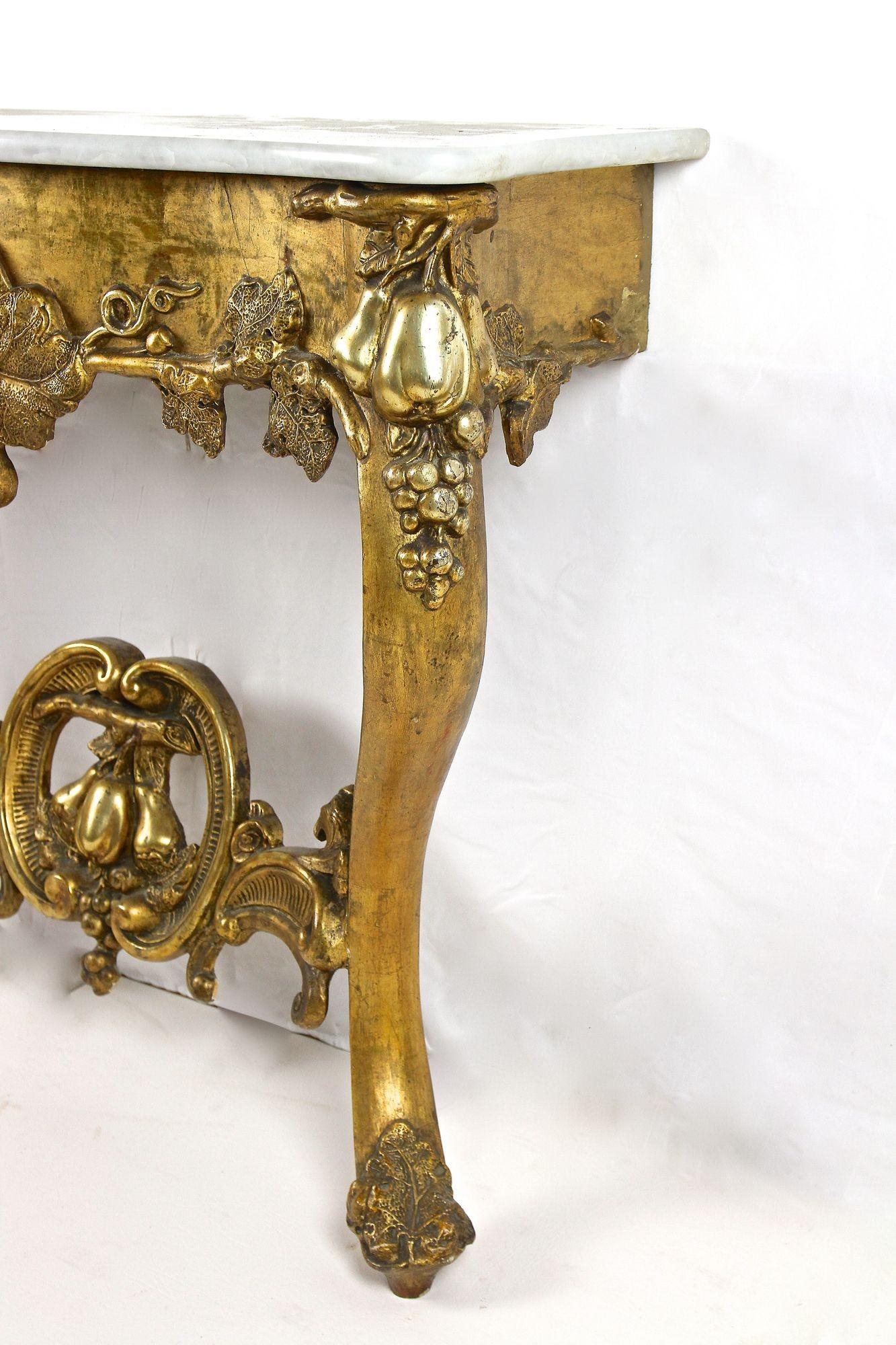 18th Century Gilt Baroque Wall Console Table Hand Carved with Carrara Marble Top, circa 1780 For Sale