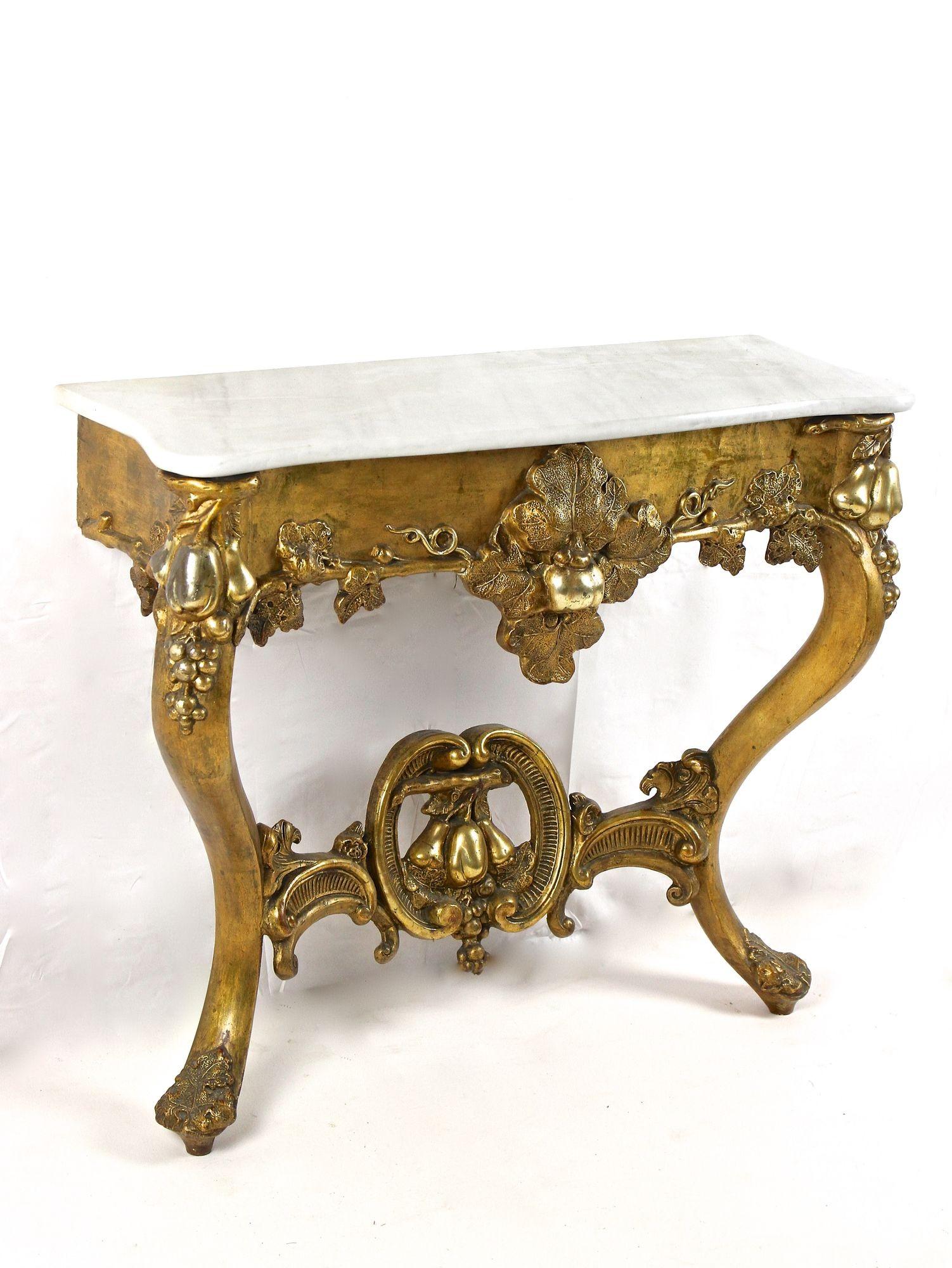 Gold Leaf Gilt Baroque Wall Console Table Hand Carved with Carrara Marble Top, circa 1780 For Sale