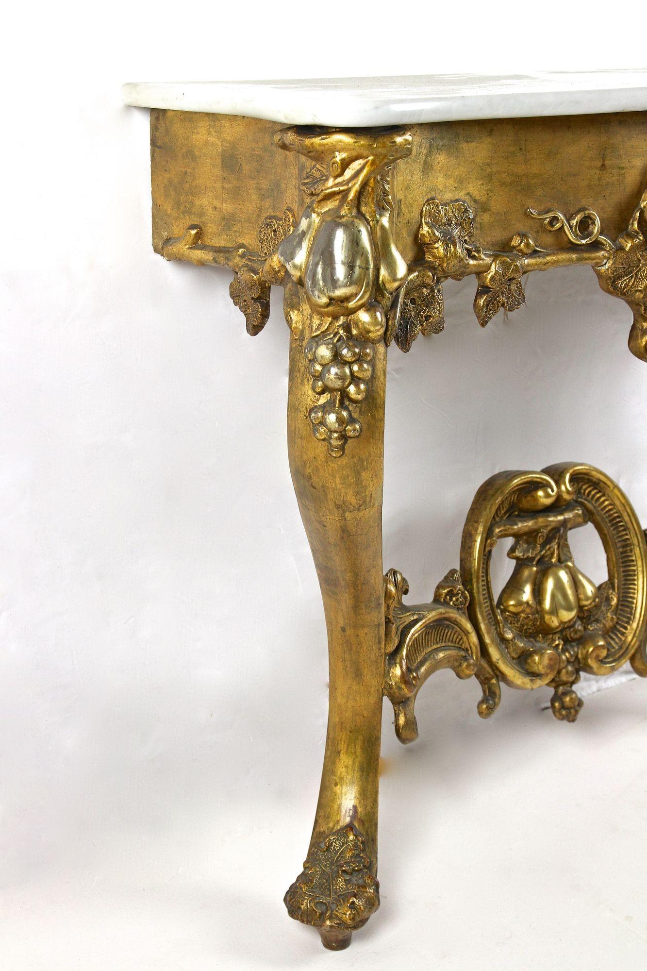 Gilt Baroque Wall Console Table Hand Carved with Carrara Marble Top, circa 1780 For Sale 1