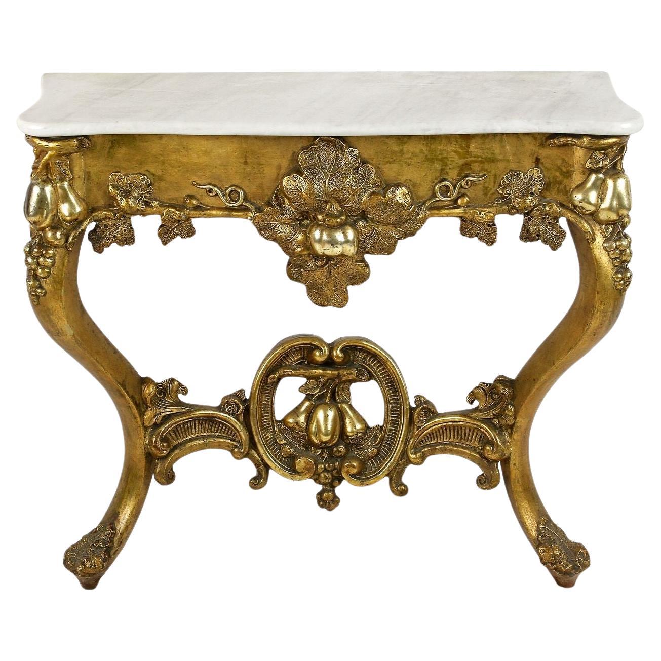 Gilt Baroque Wall Console Table Hand Carved with Carrara Marble Top, circa 1780 For Sale