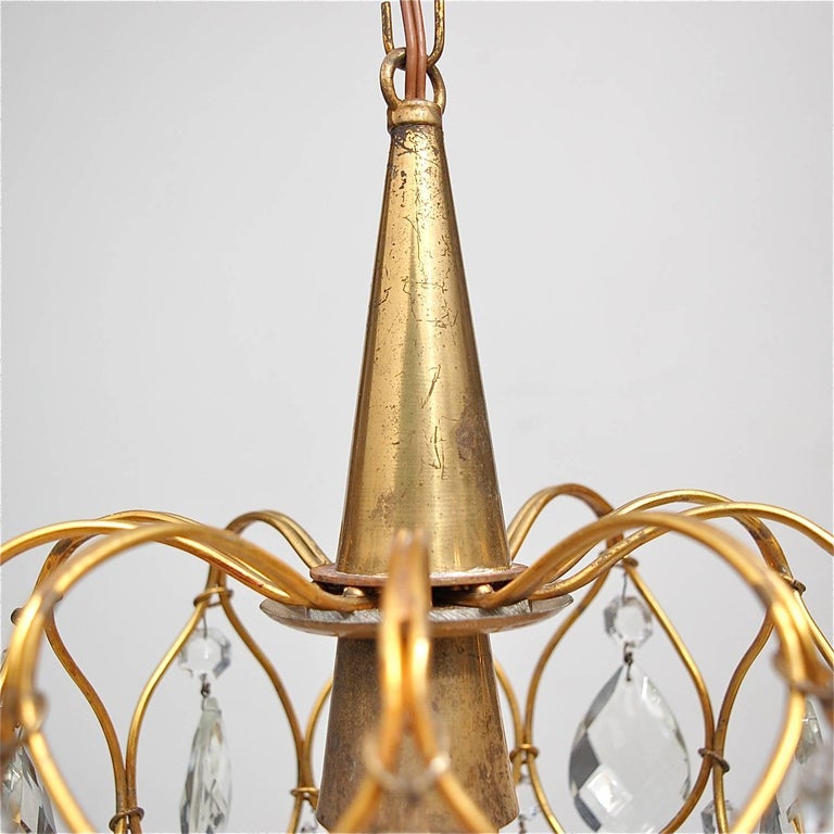 Gilt Birdcage Pendant Light With Pear Shaped Crystal Teardrops Mid Century Modern Gilt Birdcage Pendant Light With Pear Shaped Crystal Teardrops Italy For