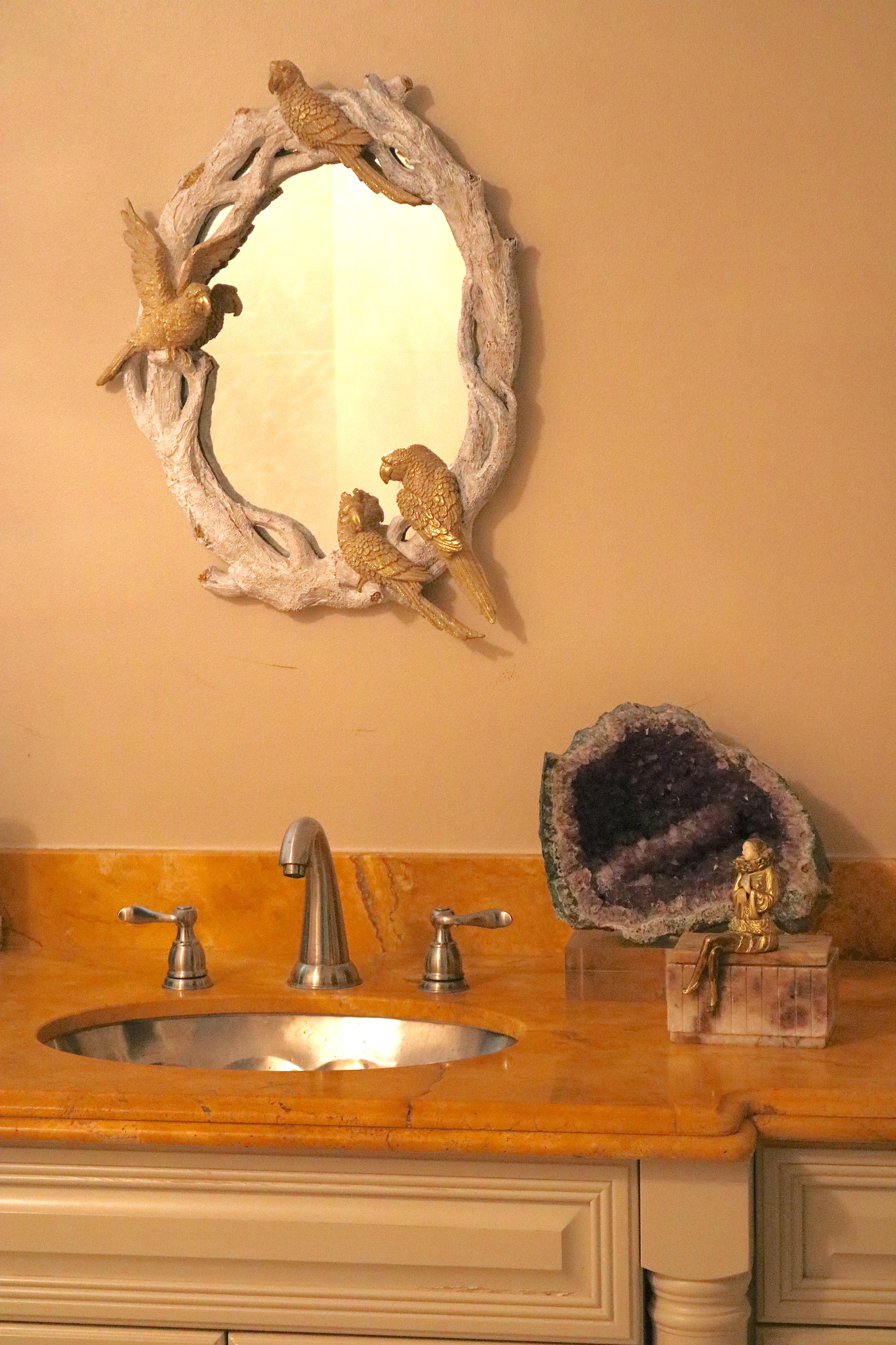 Organic Modern Gilt Birds on Whitewash Branches Oval Wall Mirror-Unique Beauty, 1980s For Sale