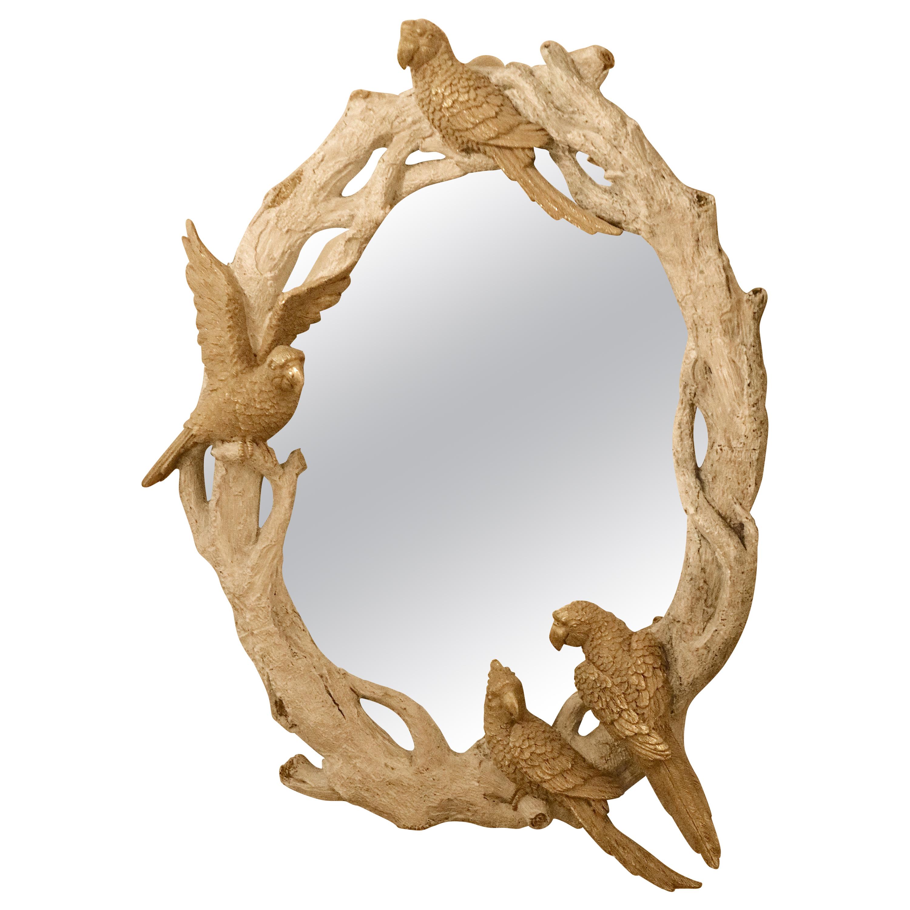 Gilt Birds on Whitewash Branches Oval Wall Mirror-Unique Beauty, 1980s For Sale