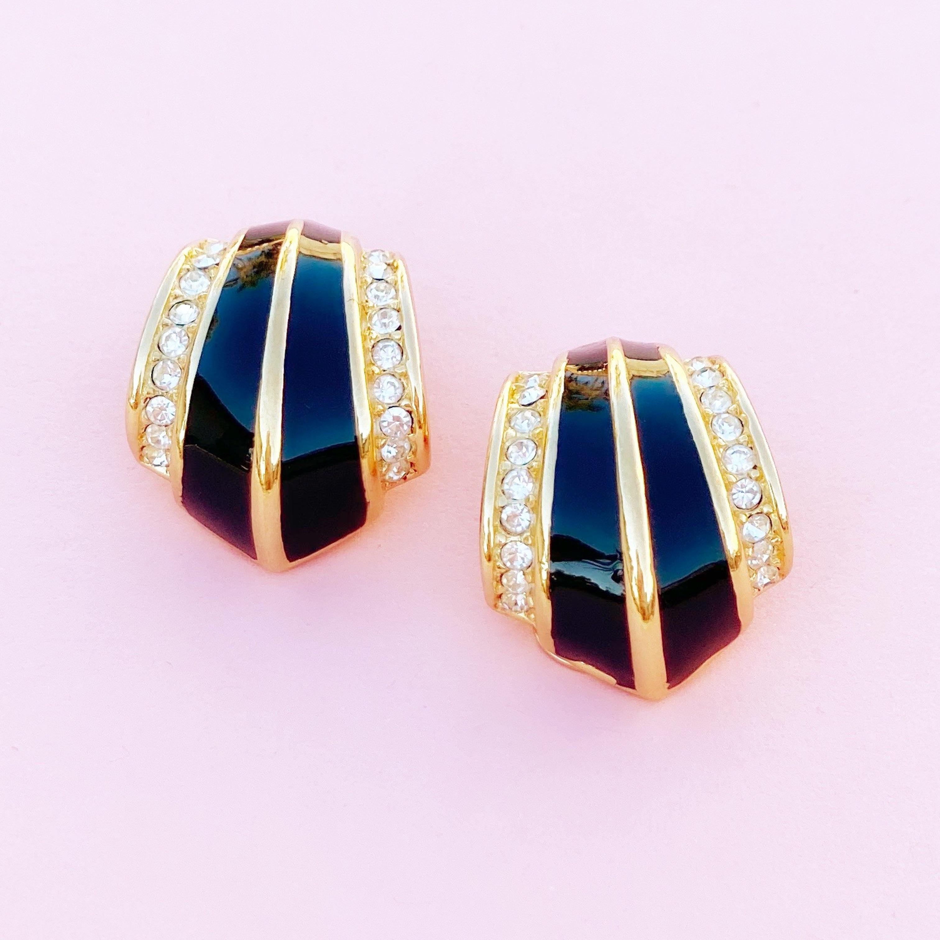 Modern Gilt & Black Enamel Art Deco Style Earrings w Crystals by Christian Dior, 1980s