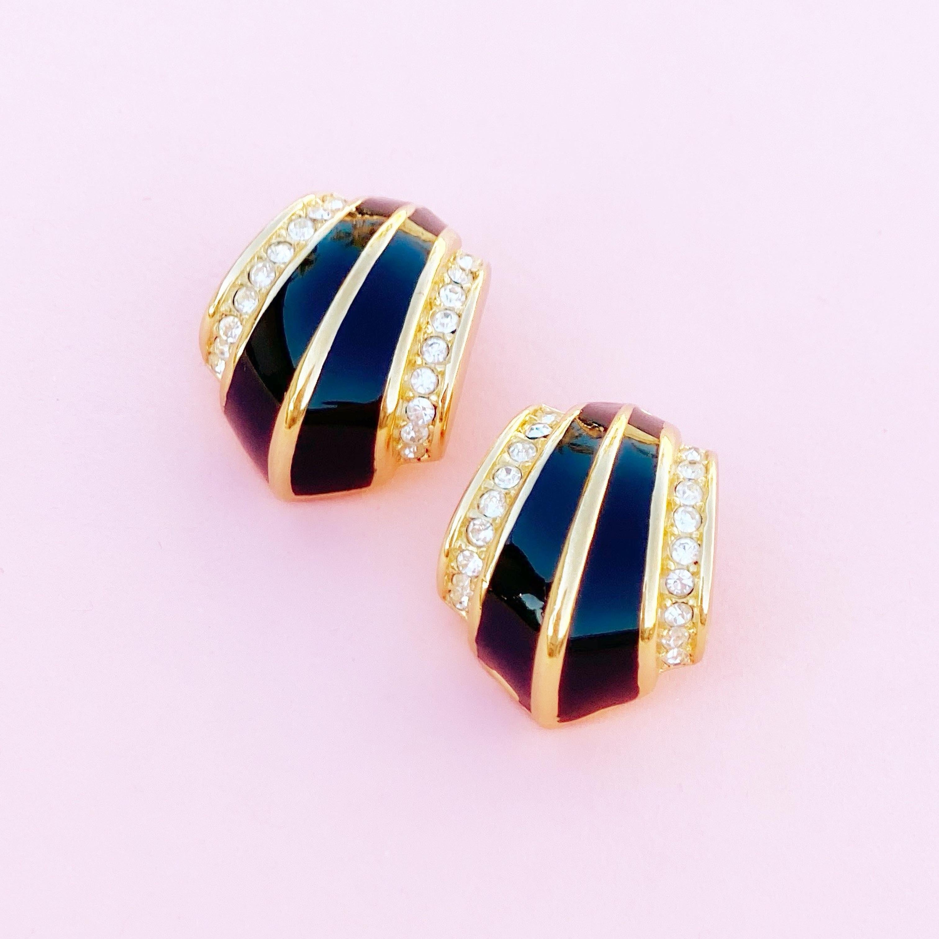 Gilt & Black Enamel Art Deco Style Earrings w Crystals by Christian Dior, 1980s In Excellent Condition In McKinney, TX
