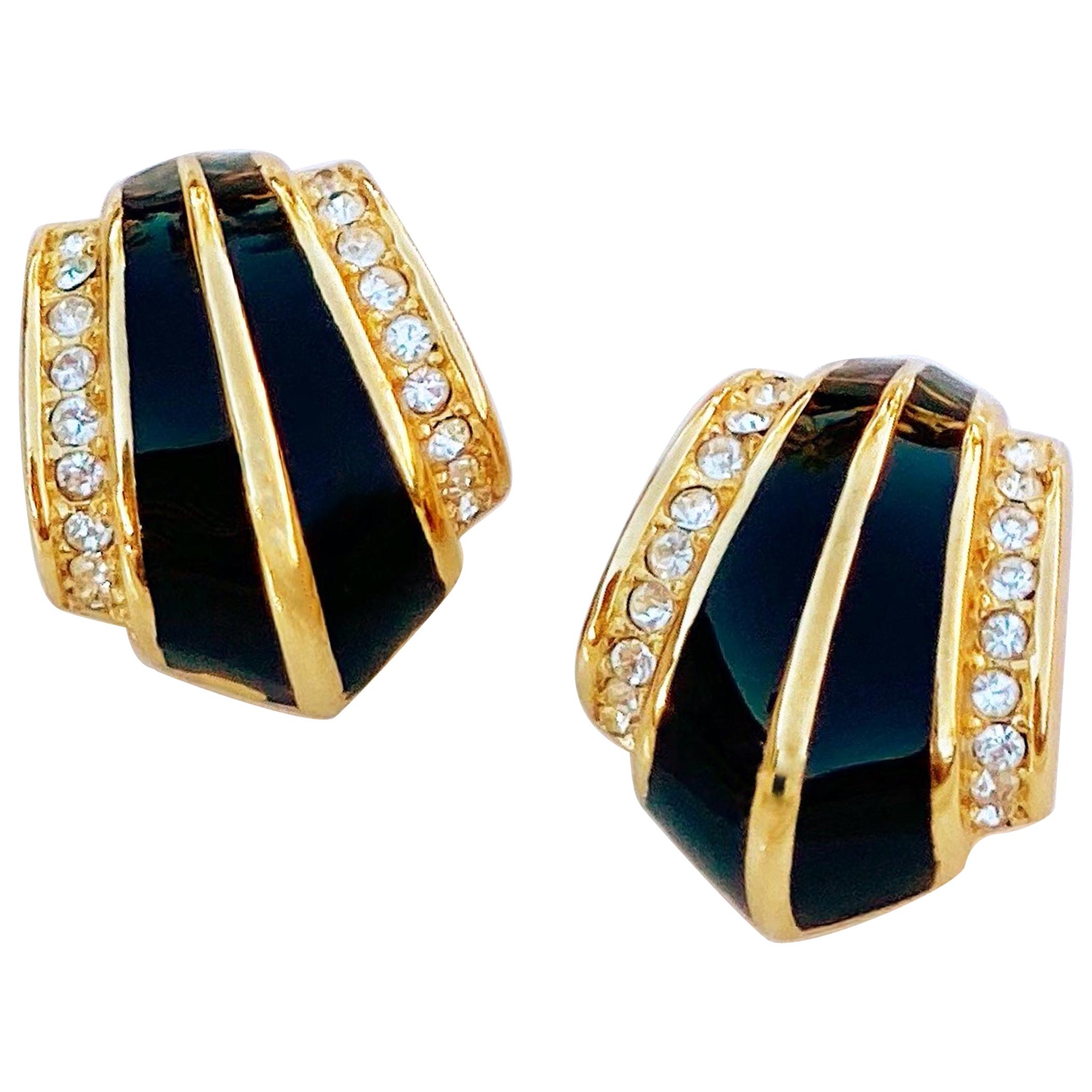 Gilt & Black Enamel Art Deco Style Earrings w Crystals by Christian Dior, 1980s
