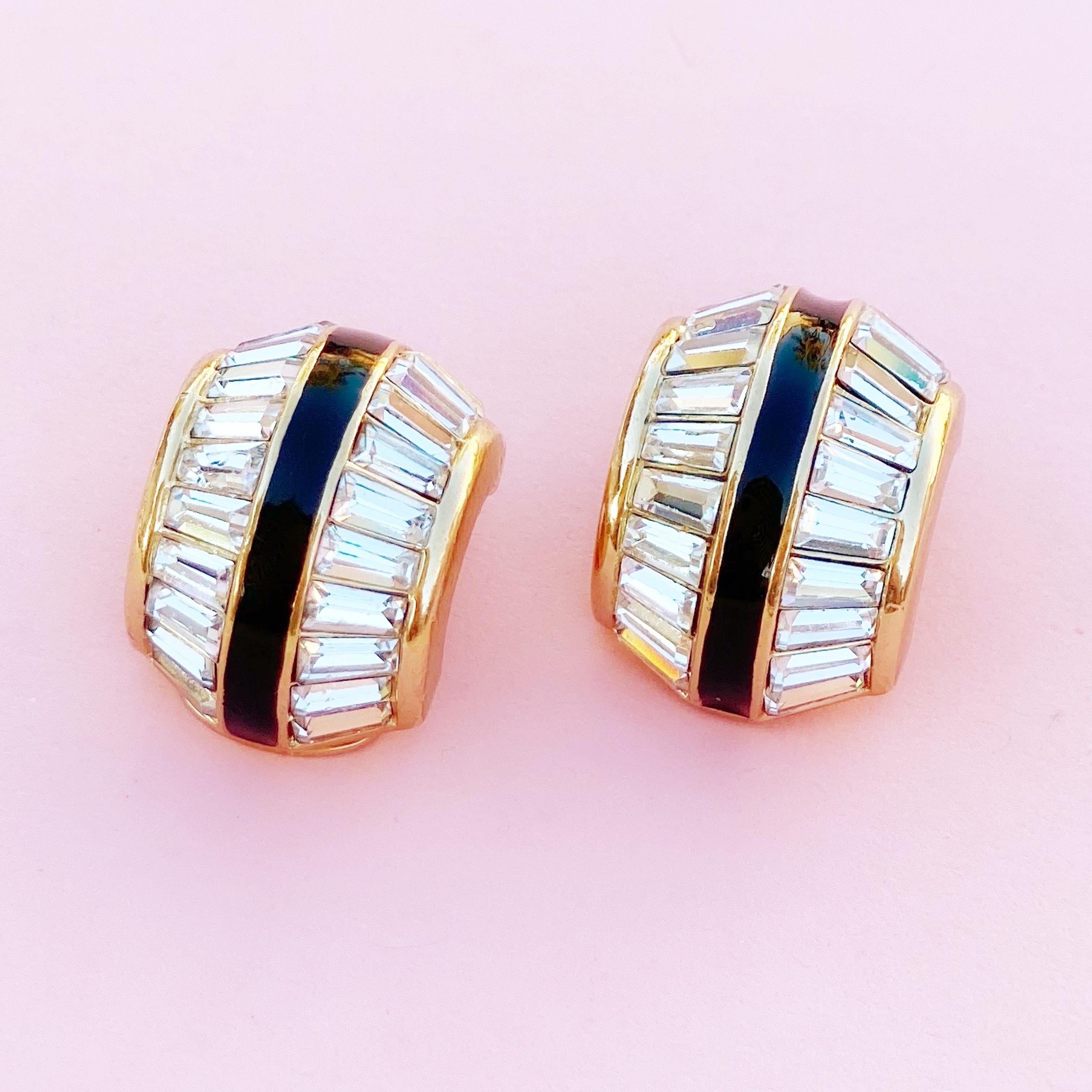 Modern Gilt, Black Enamel & Baguette Crystal Huggie Earrings By Christian Dior, 1980s