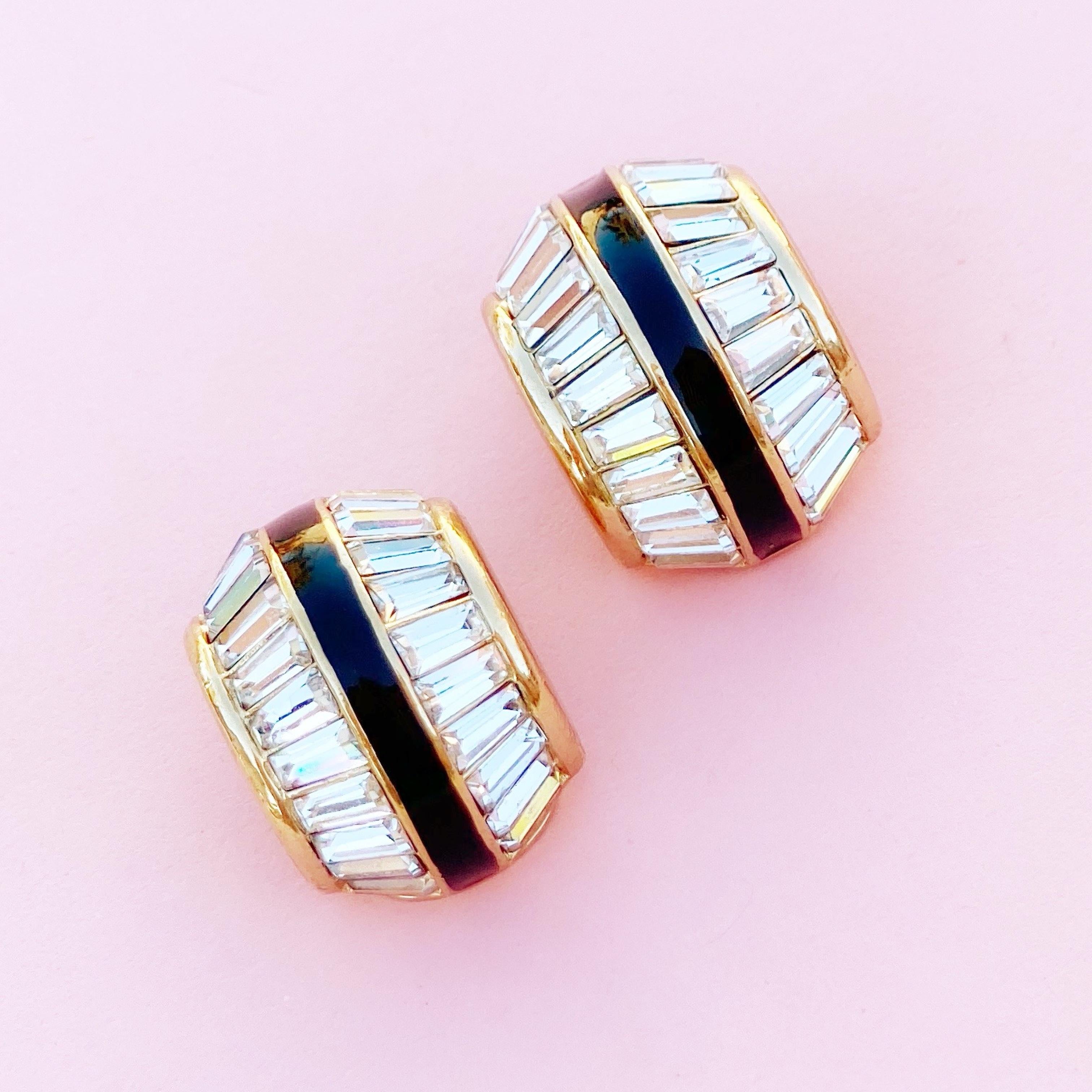 Gilt, Black Enamel & Baguette Crystal Huggie Earrings By Christian Dior, 1980s In Excellent Condition In McKinney, TX