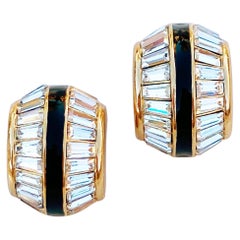Vintage Gilt, Black Enamel & Baguette Crystal Huggie Earrings By Christian Dior, 1980s