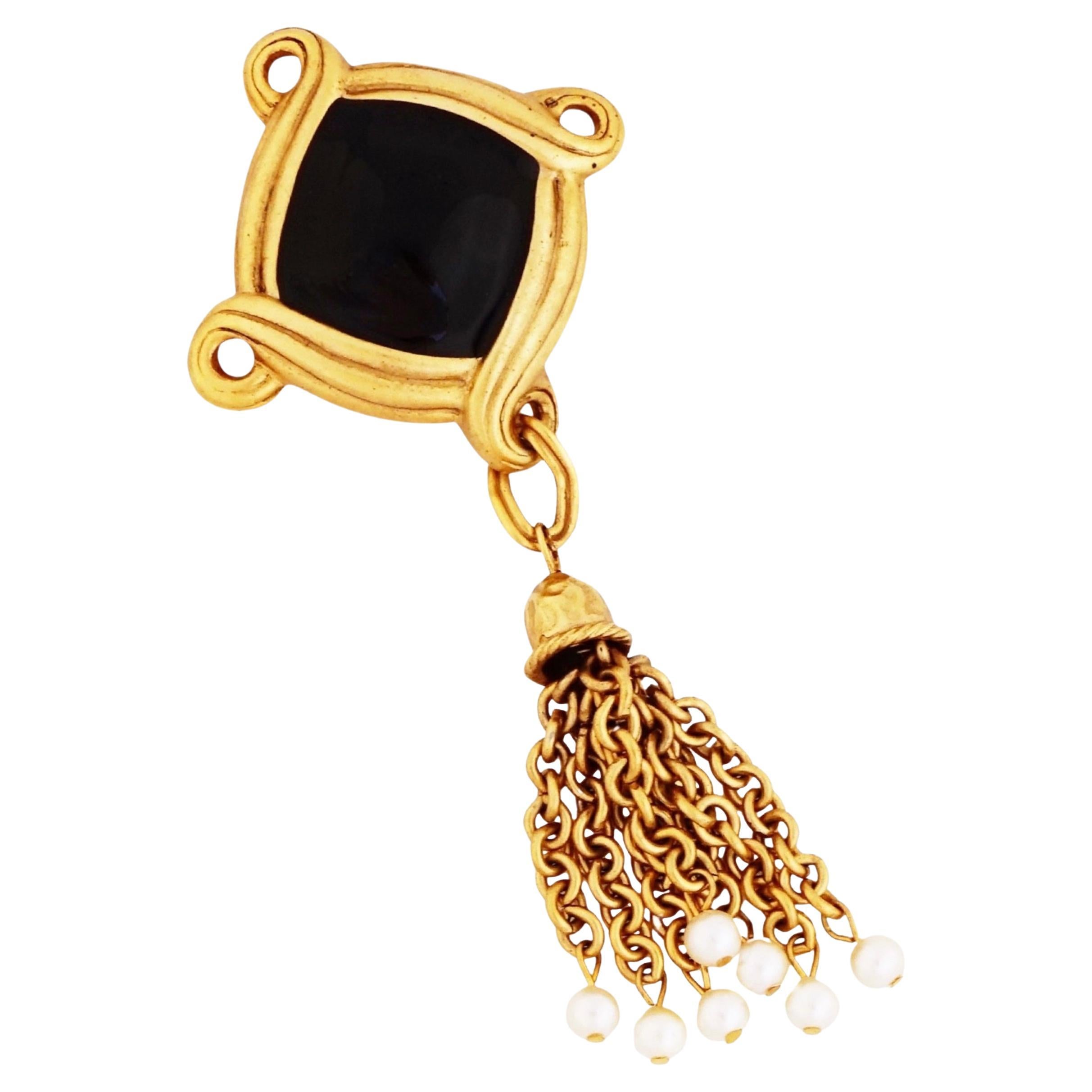 Gilt & Black Enamel Brooch With Chain & Pearl Tassel, 1980s For Sale