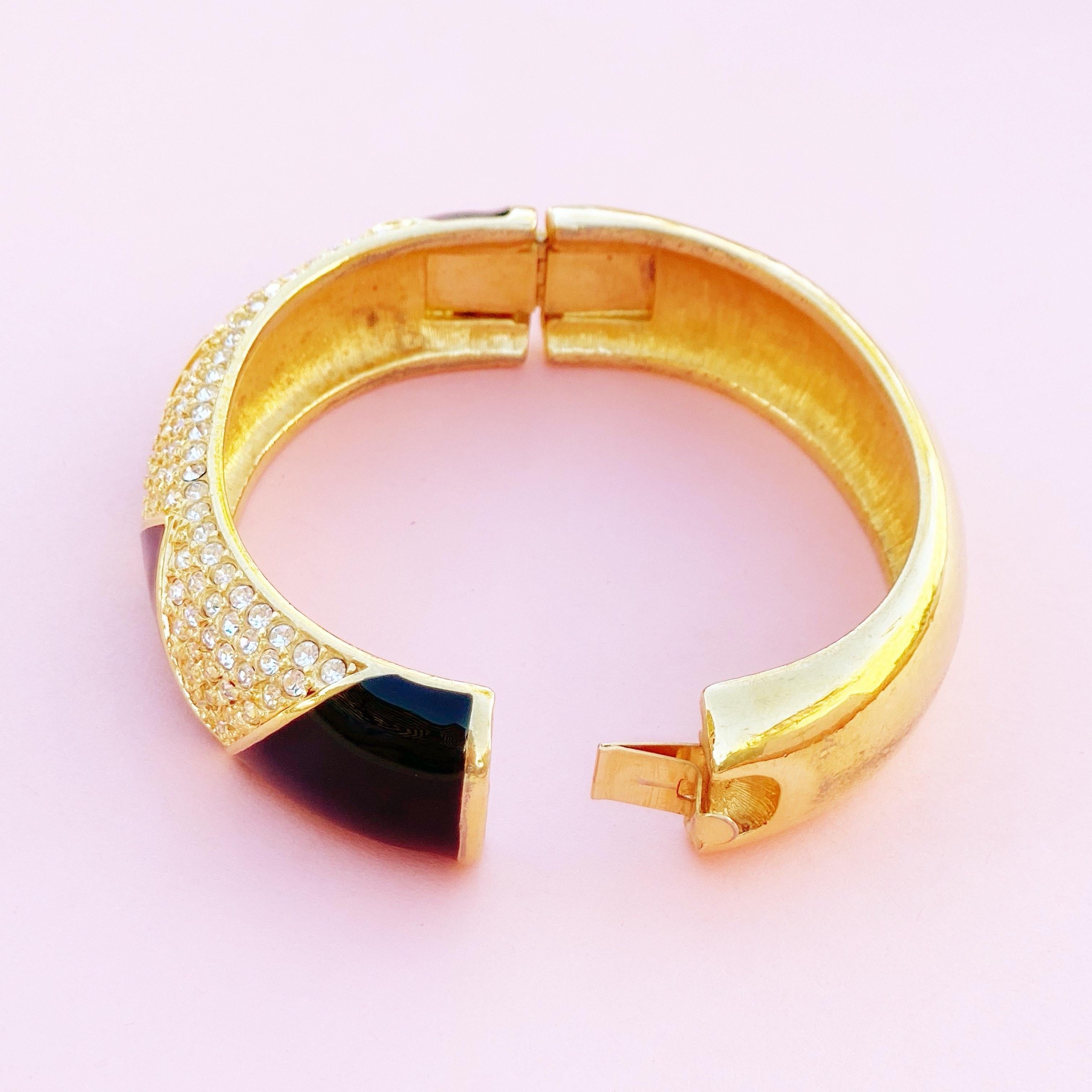 Modern Gilt, Black Enamel & Crystal Pavé Hinged Bangle Bracelet By Swarovski, 1980s For Sale