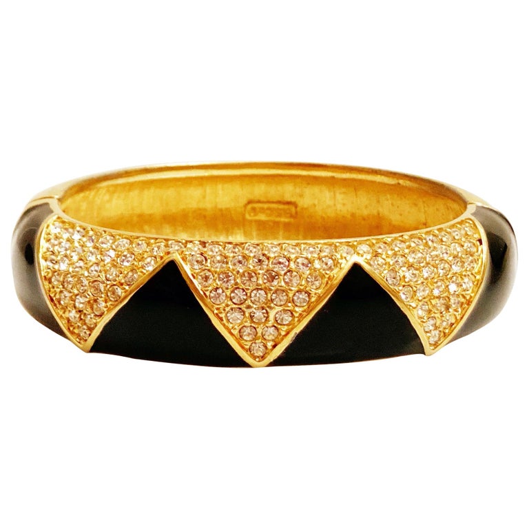 Gilt, Black Enamel and Crystal Pavé Hinged Bangle Bracelet By Swarovski