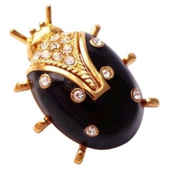 Gilt Black Enamel Ladybug Beetle Brooch with Crystal Accents By St. John, 1990s