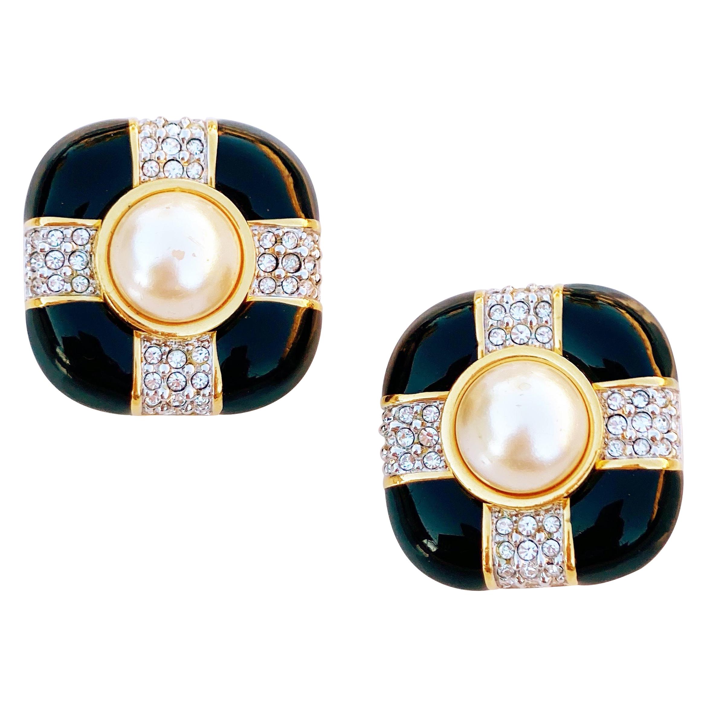 Gilt, Black Enamel & Pearl Statement Earrings w Crystal Pavé By Swarovski, 1980s