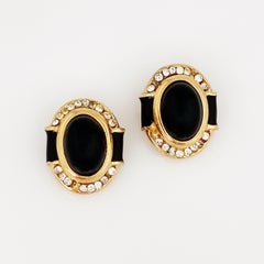 Gilt & Black Glass Cabochon Earrings with Crystal Accents by Bijoux Cascio