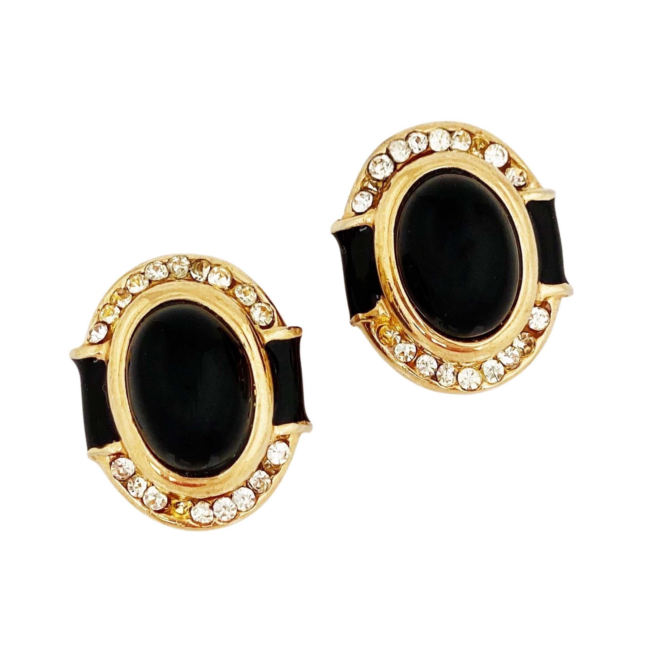 Gilt & Black Glass Cabochon Earrings with Crystal Accents by Bijoux Cascio For Sale