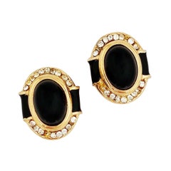 Vintage Gilt & Black Glass Cabochon Earrings with Crystal Accents by Bijoux Cascio