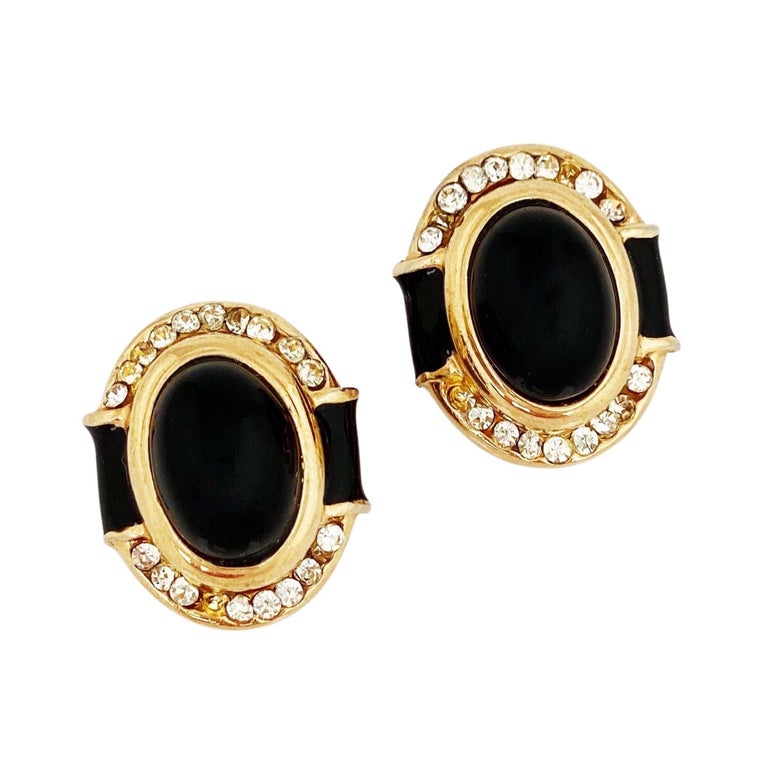 Gilt and Black Glass Cabochon Earrings with Crystal Accents by Bijoux Cascio  For Sale at 1stDibs