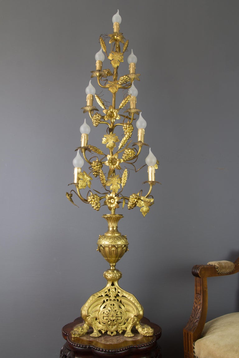 Baroque Gilt Brass and Bronze Nine-Light Electrified French Candelabra, Floor Lamp For Sale