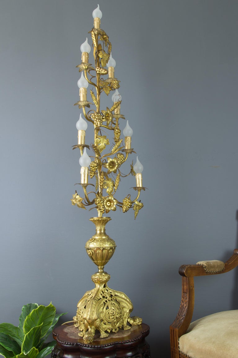 Gilt Brass and Bronze NineLight Electrified French Candelabra, Floor