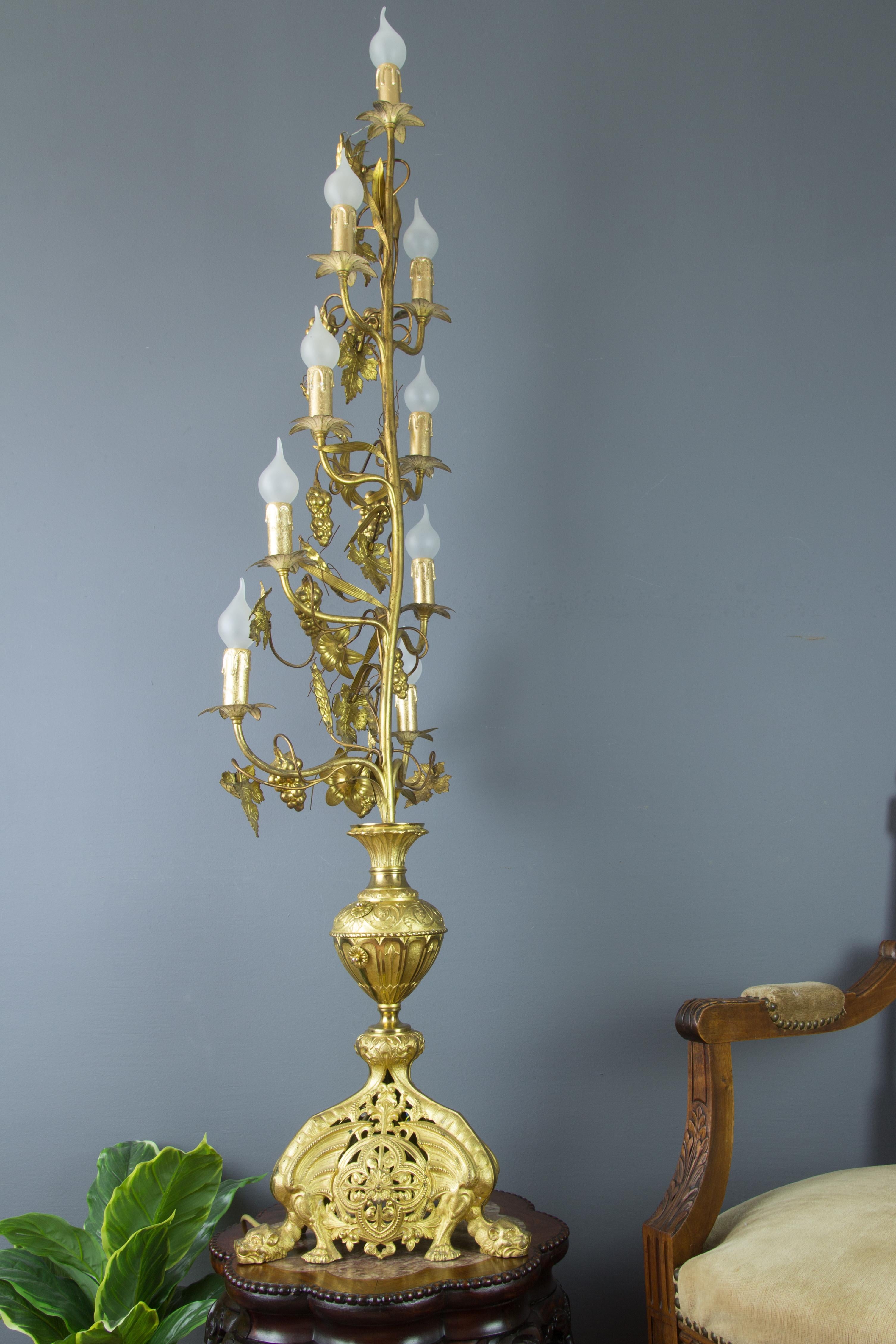 Gilt Brass and Bronze Nine-Light Electrified French Candelabra, Floor Lamp For Sale 1