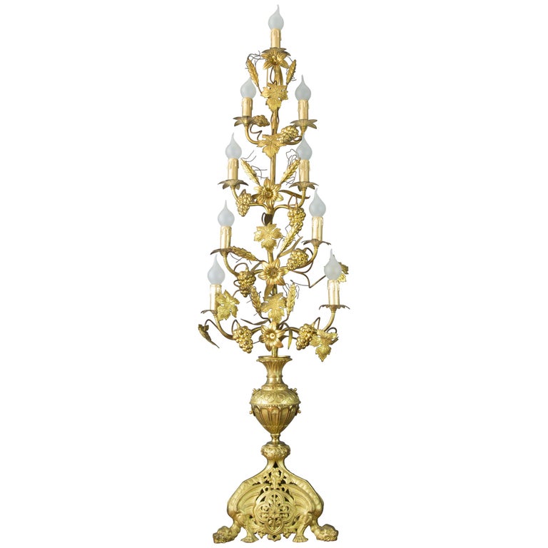 Gilt Brass and Bronze Nine-Light Electrified French Candelabra, Floor Lamp For Sale