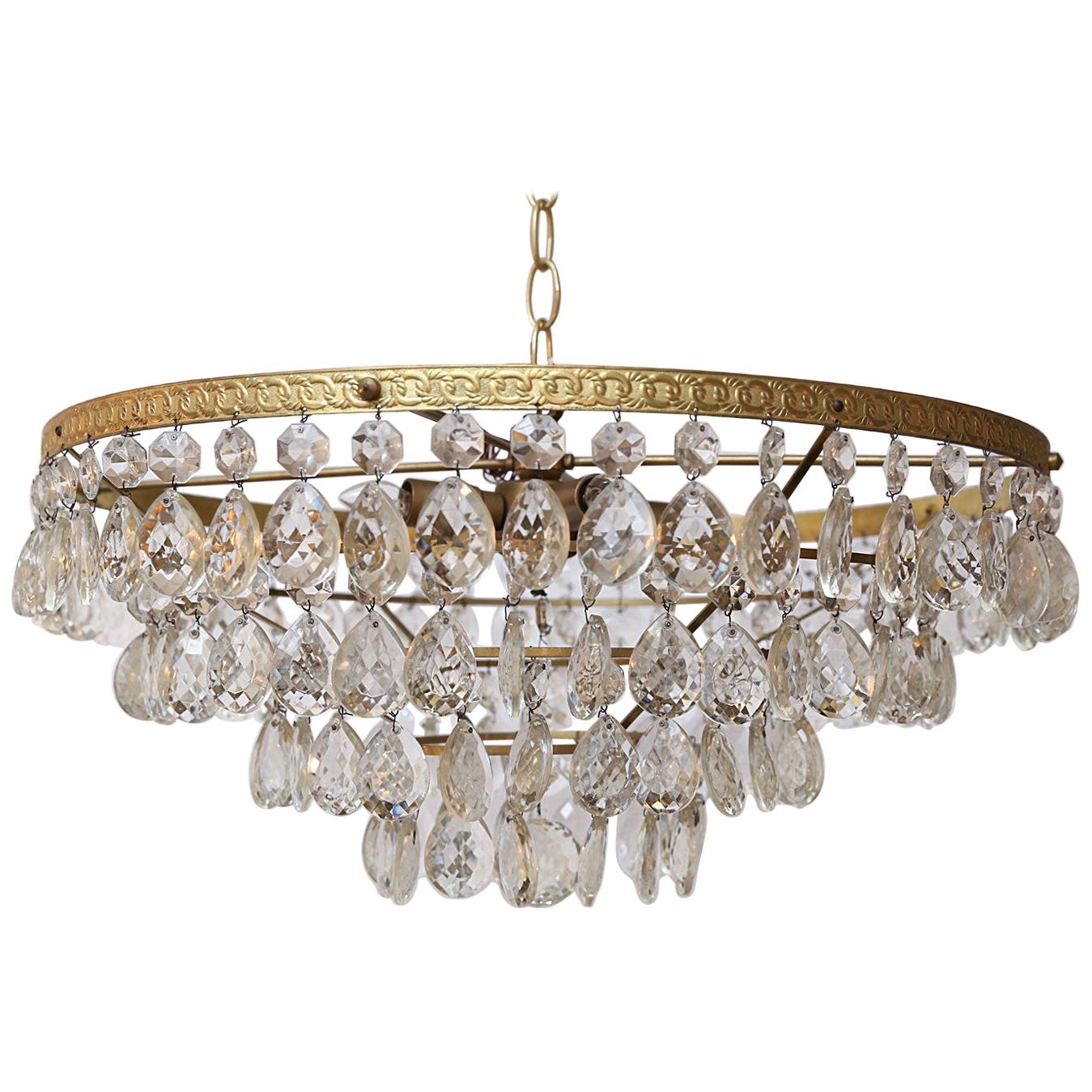 Gilt Brass and Crystal Mid century Modern Chandelier by Palwa with 4 Tiers