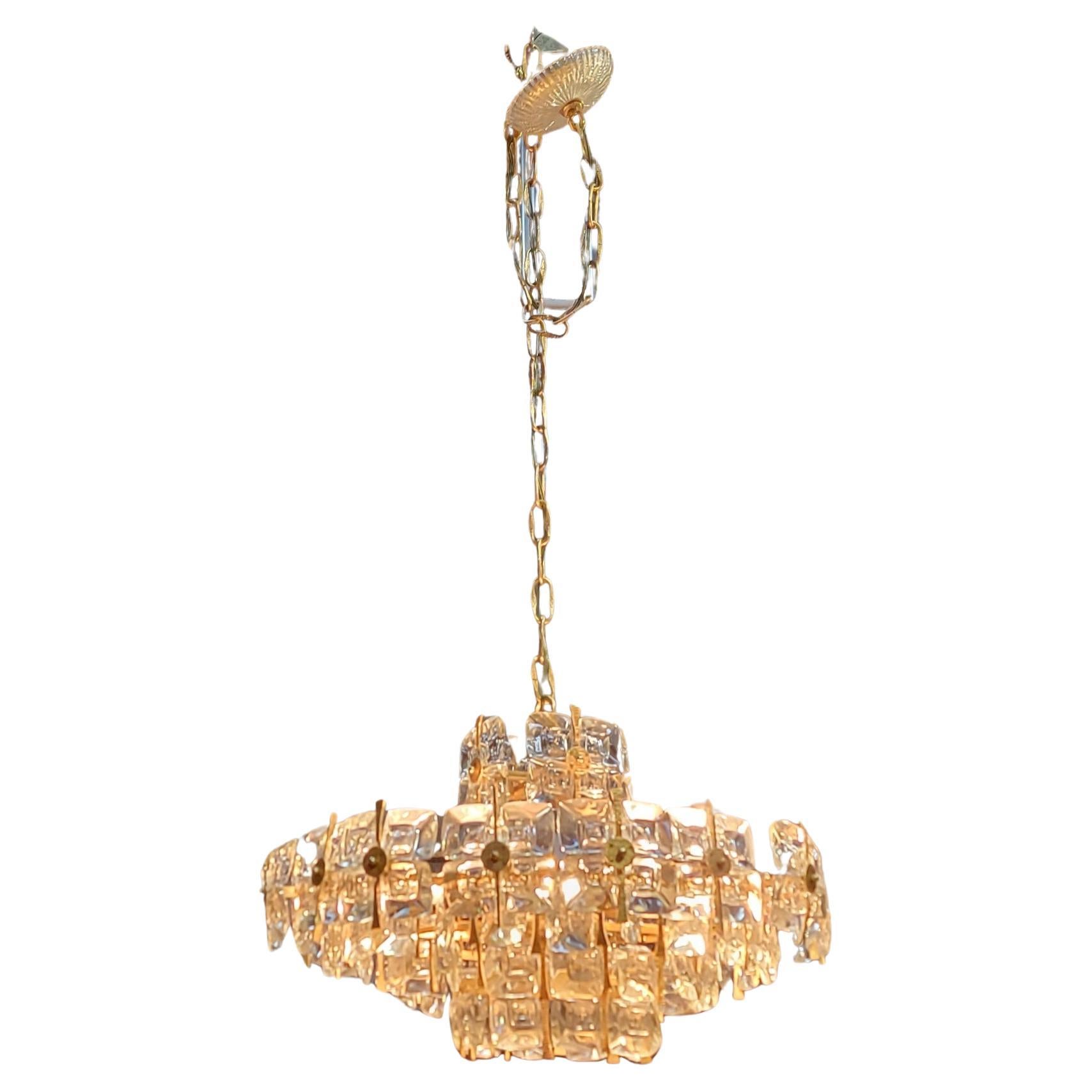 Gilt Brass and Crystal Chandelier Sciolari Design by Palwa 1970s For Sale