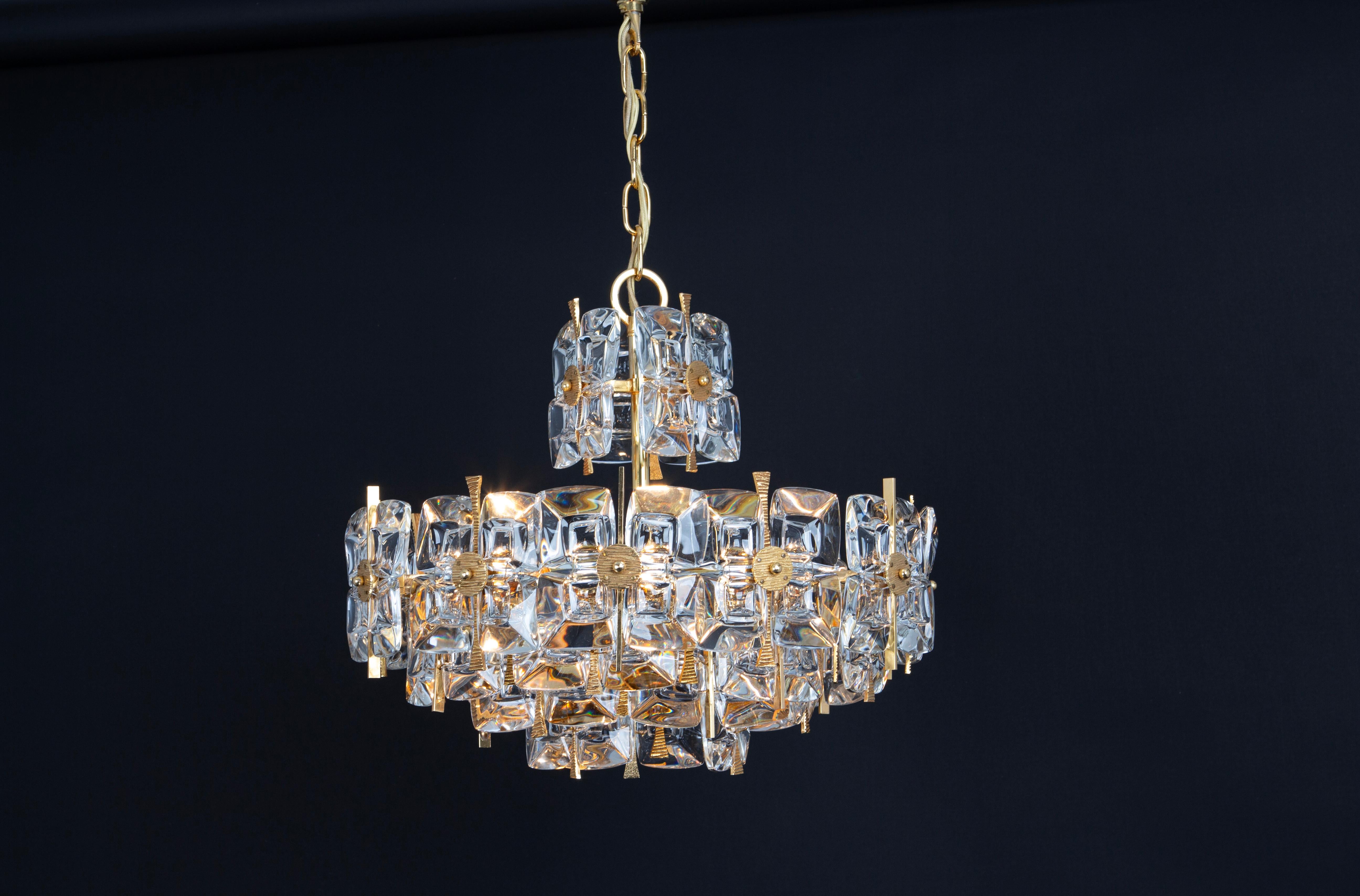 Gilt Brass and Crystal Chandelier, Sciolari Design by Palwa, Germany, 1970s For Sale 7