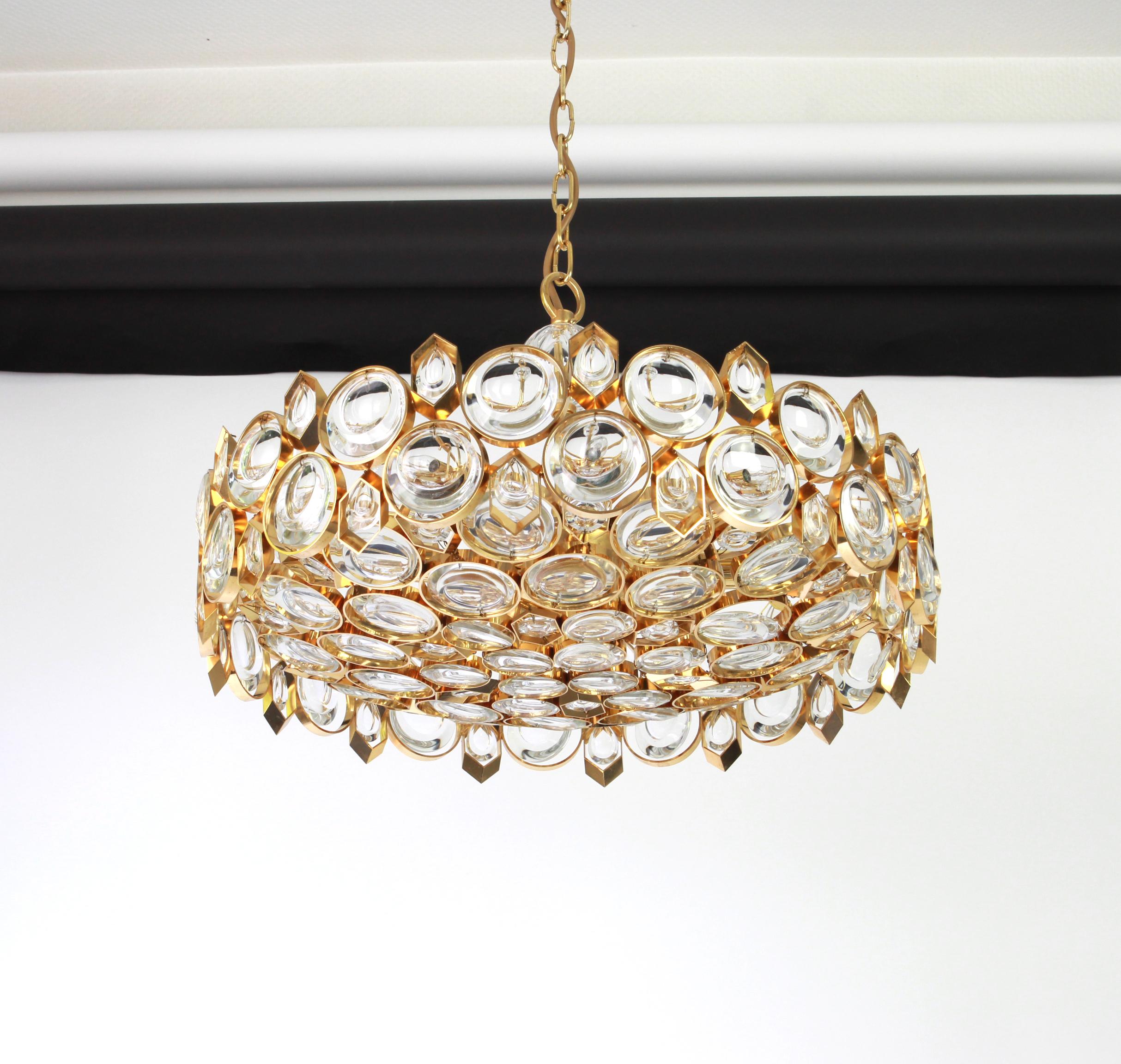 Mid-Century Modern Gilt Brass and Crystal Chandelier, Sciolari Design by Palwa, Germany, 1970s