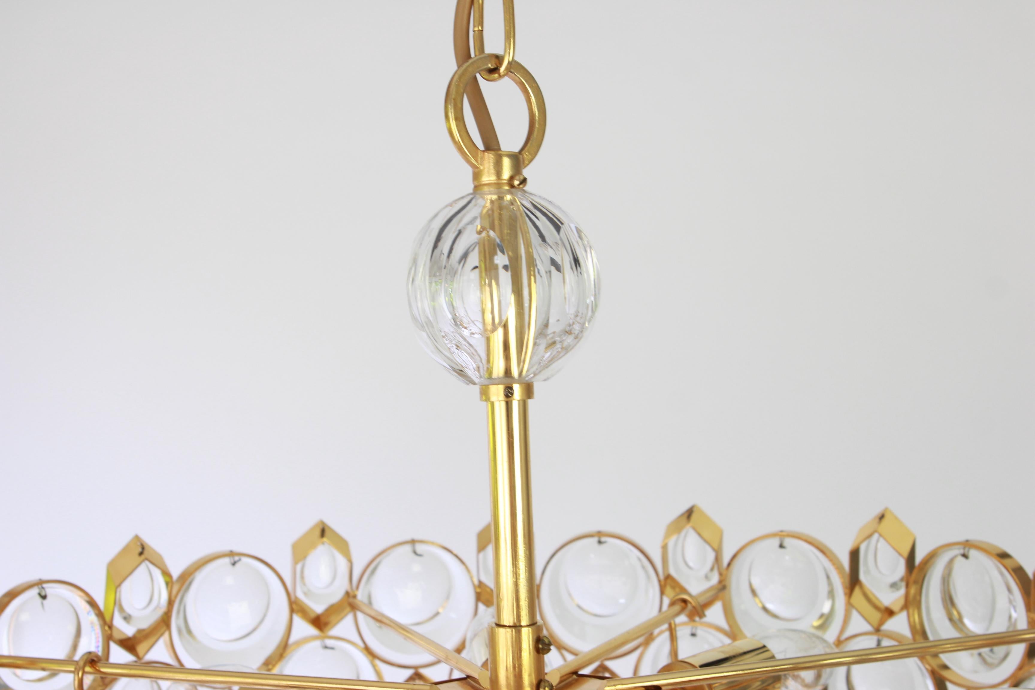 Gold Plate Gilt Brass and Crystal Chandelier, Sciolari Design by Palwa, Germany, 1970s