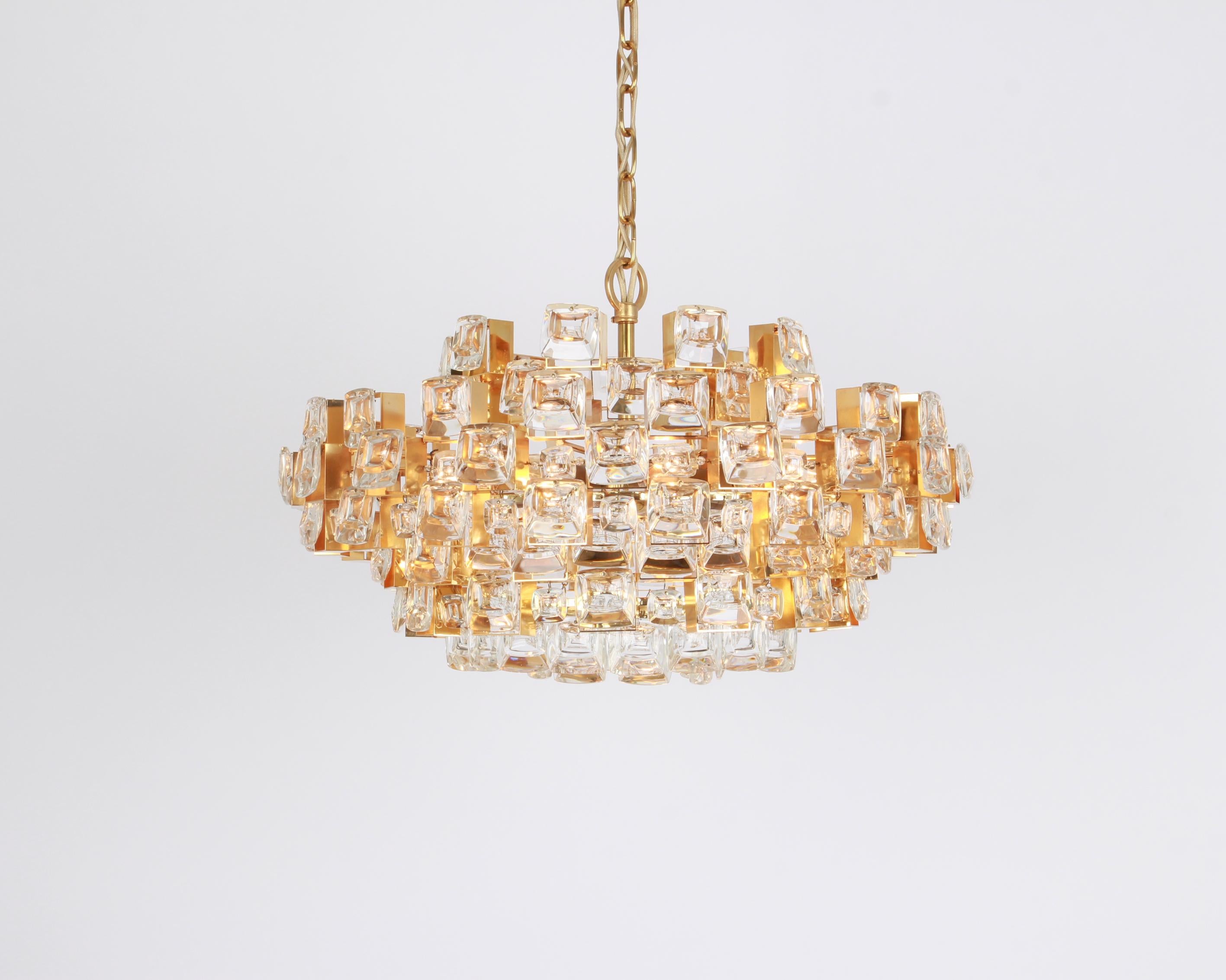 Gold Plate Gilt Brass and Crystal Chandelier, Sciolari Design by Palwa, Germany, 1970s For Sale
