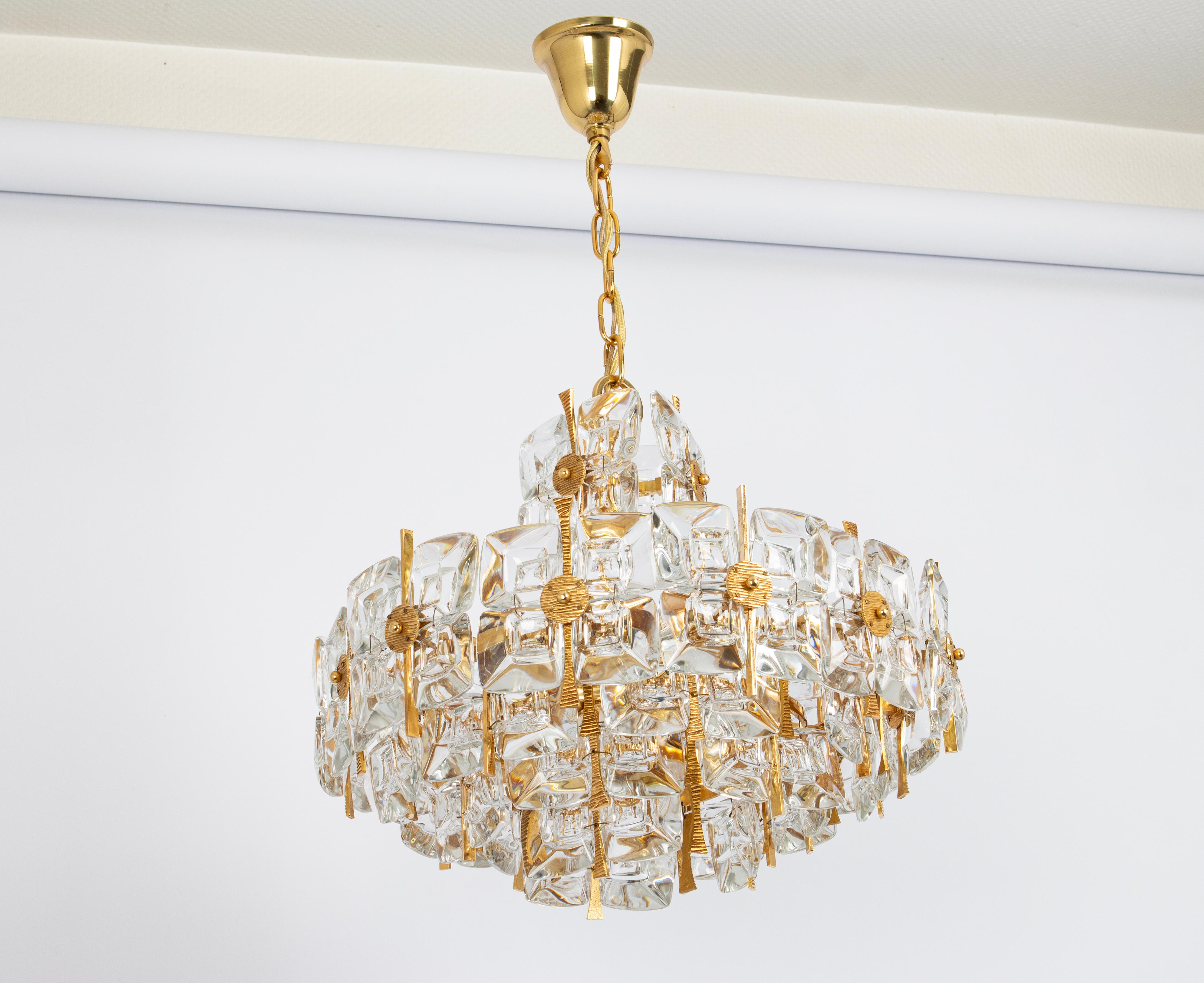 Gold Plate Gilt Brass and Crystal Chandelier, Sciolari Design by Palwa, Germany, 1970s For Sale