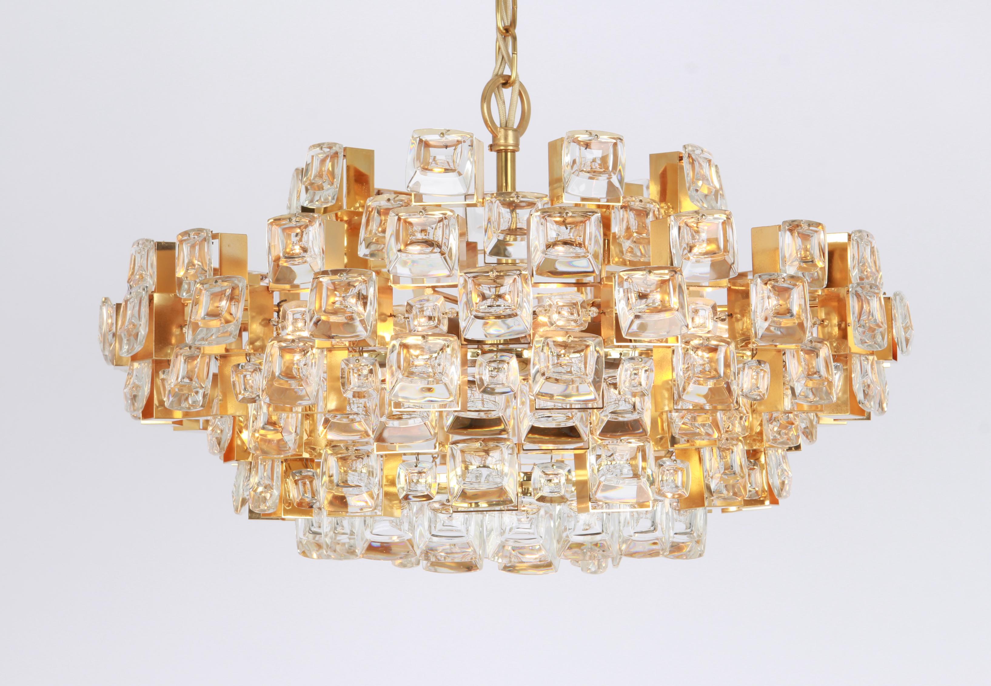 Gilt Brass and Crystal Chandelier, Sciolari Design by Palwa, Germany, 1970s For Sale 1