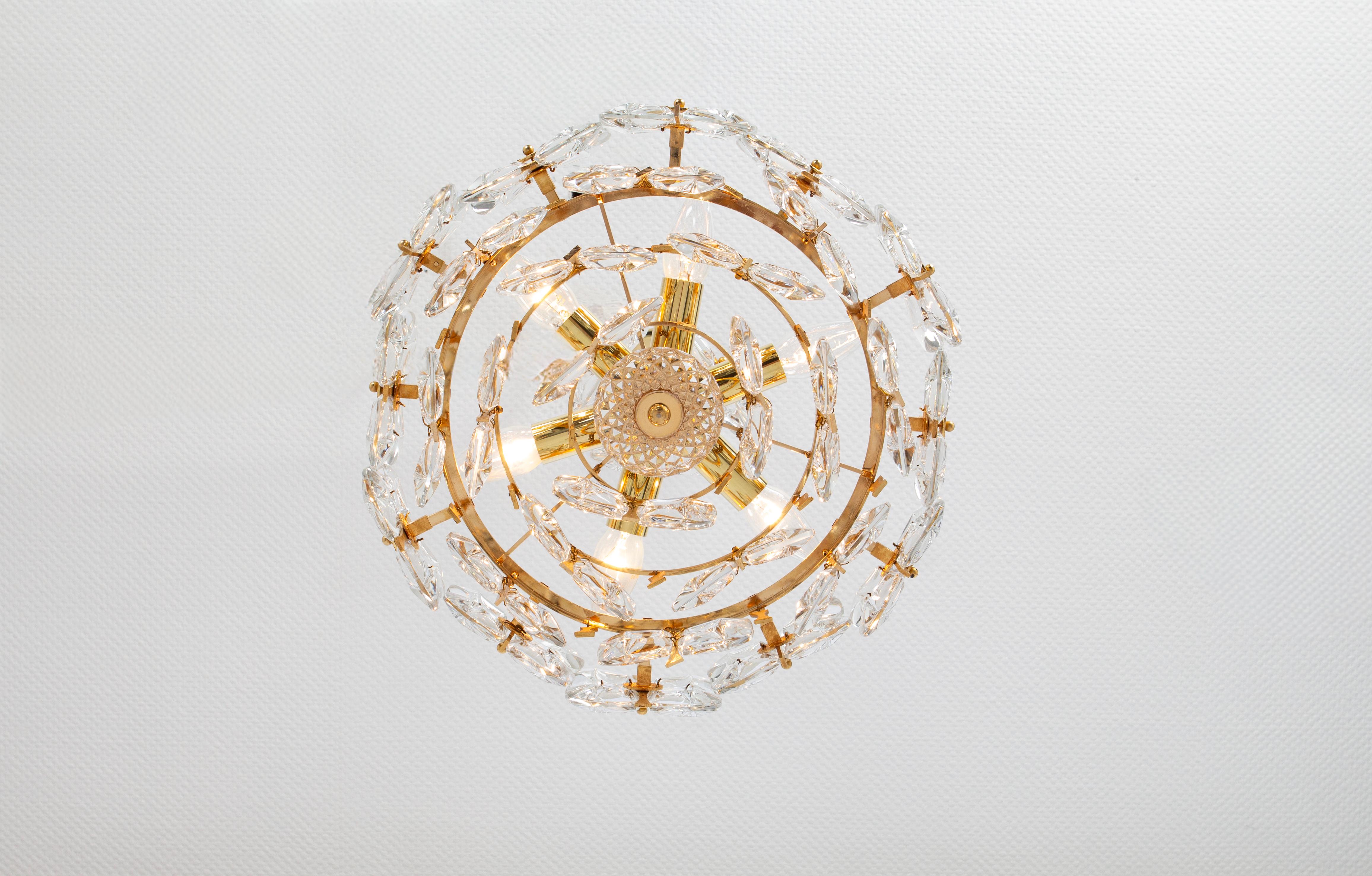 Gilt Brass and Crystal Chandelier, Sciolari Design by Palwa, Germany, 1970s For Sale 2