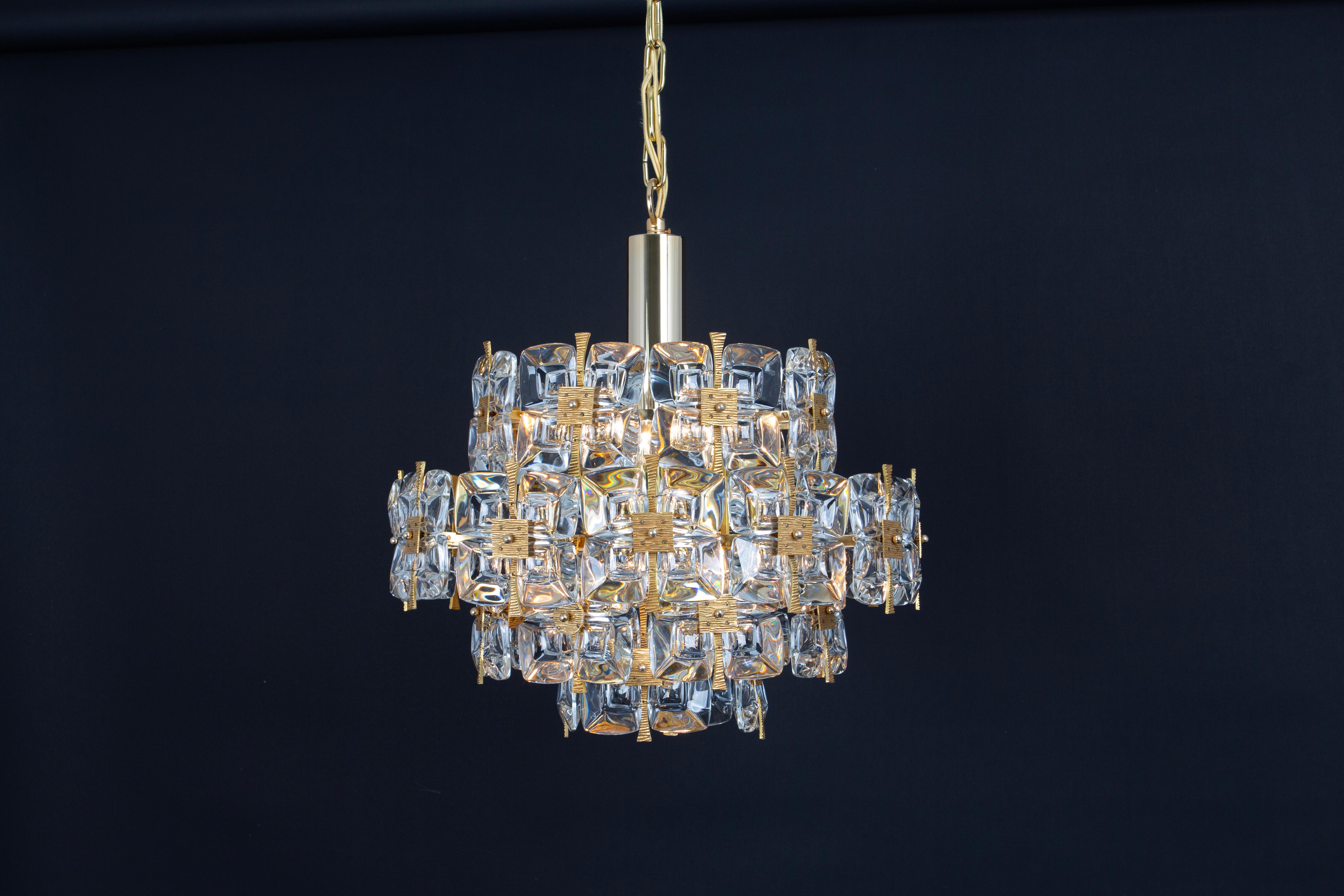 Gilt Brass and Crystal Chandelier, Sciolari Design by Palwa, Germany, 1970s For Sale 3