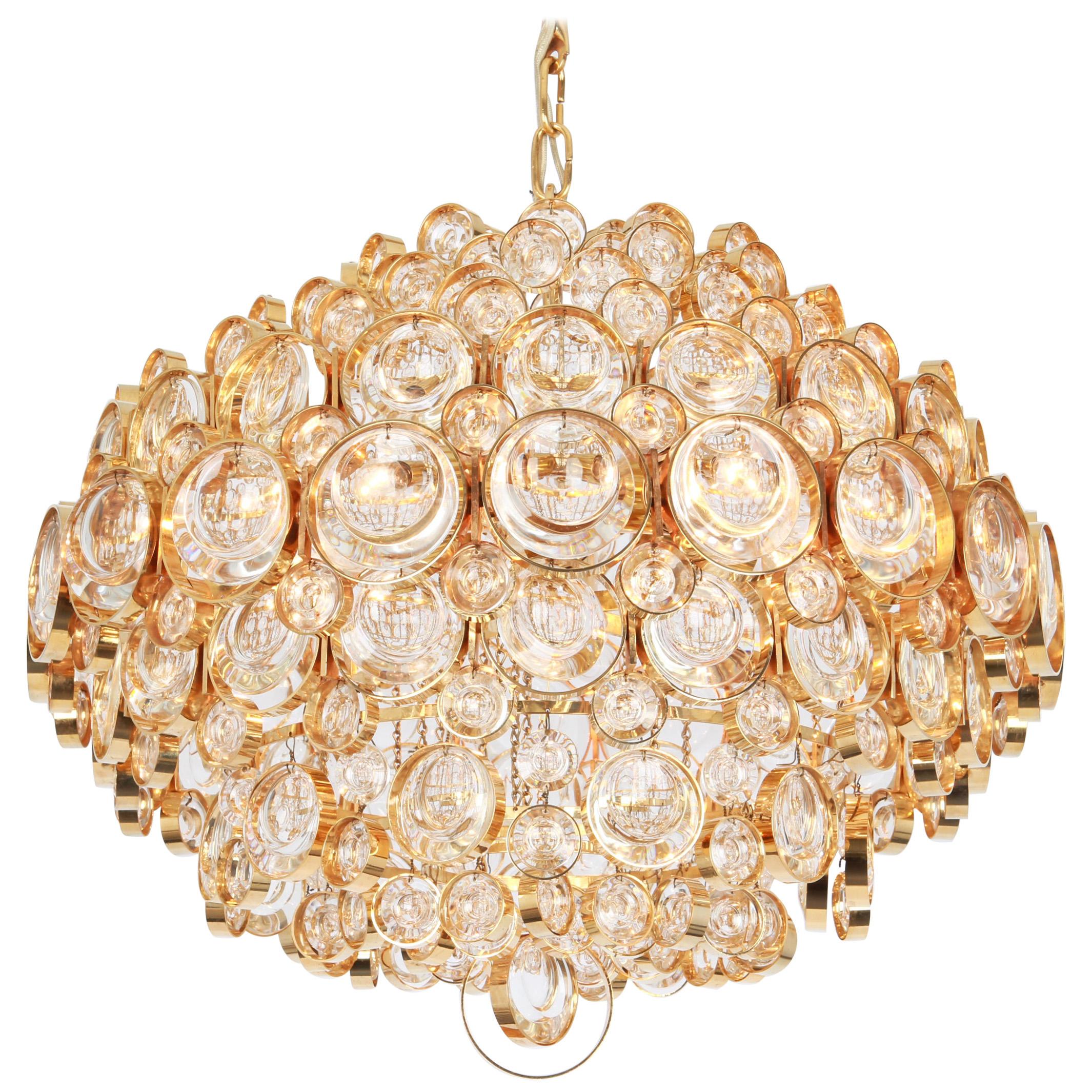 Gilt Brass and Crystal Chandelier, Sciolari Design by Palwa, Germany, 1970s